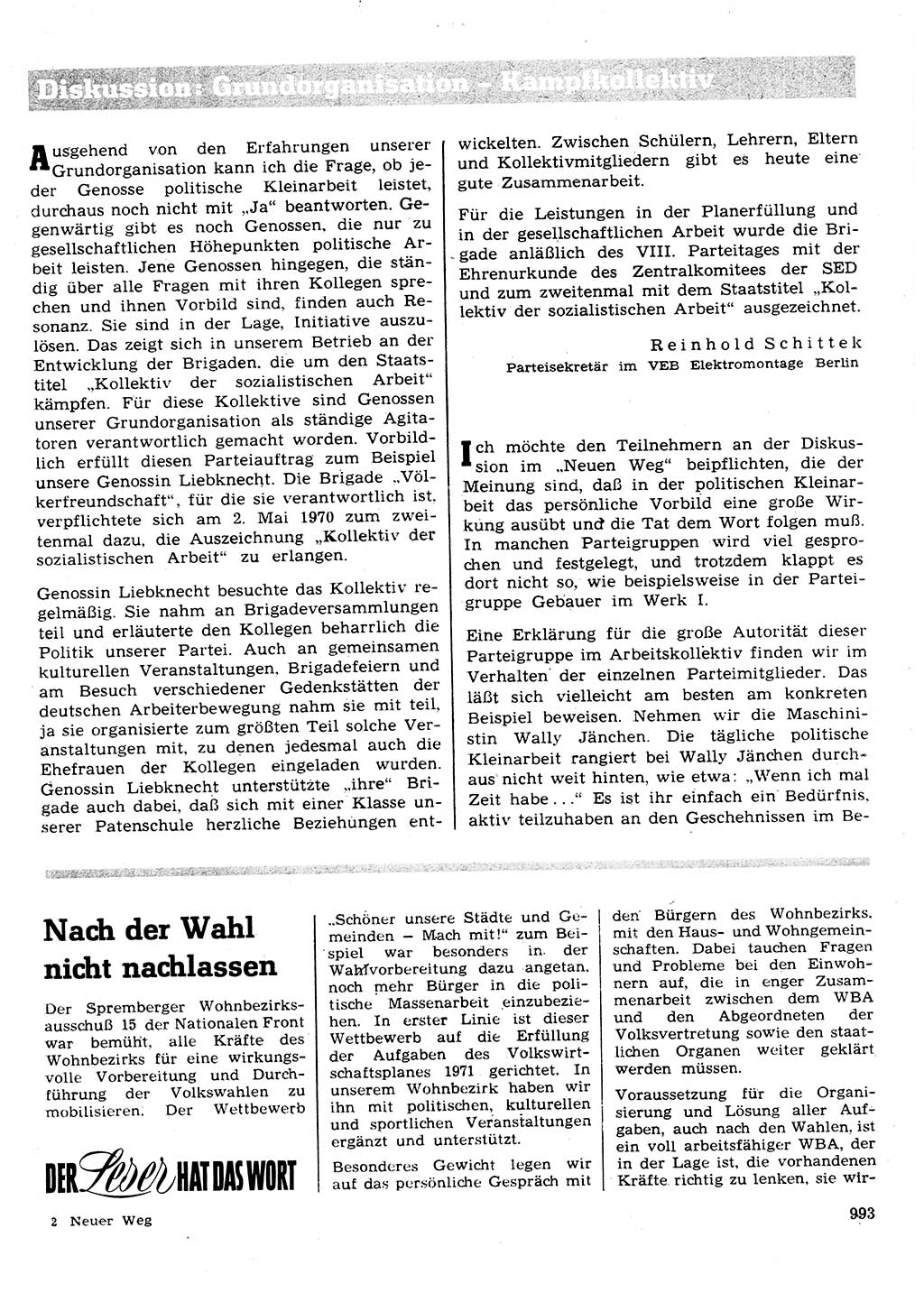 Neuer Weg (NW), Organ des Zentralkomitees (ZK) der SED (Sozialistische Einheitspartei Deutschlands) für Fragen des Parteilebens, 26. Jahrgang [Deutsche Demokratische Republik (DDR)] 1971, Seite 993 (NW ZK SED DDR 1971, S. 993)