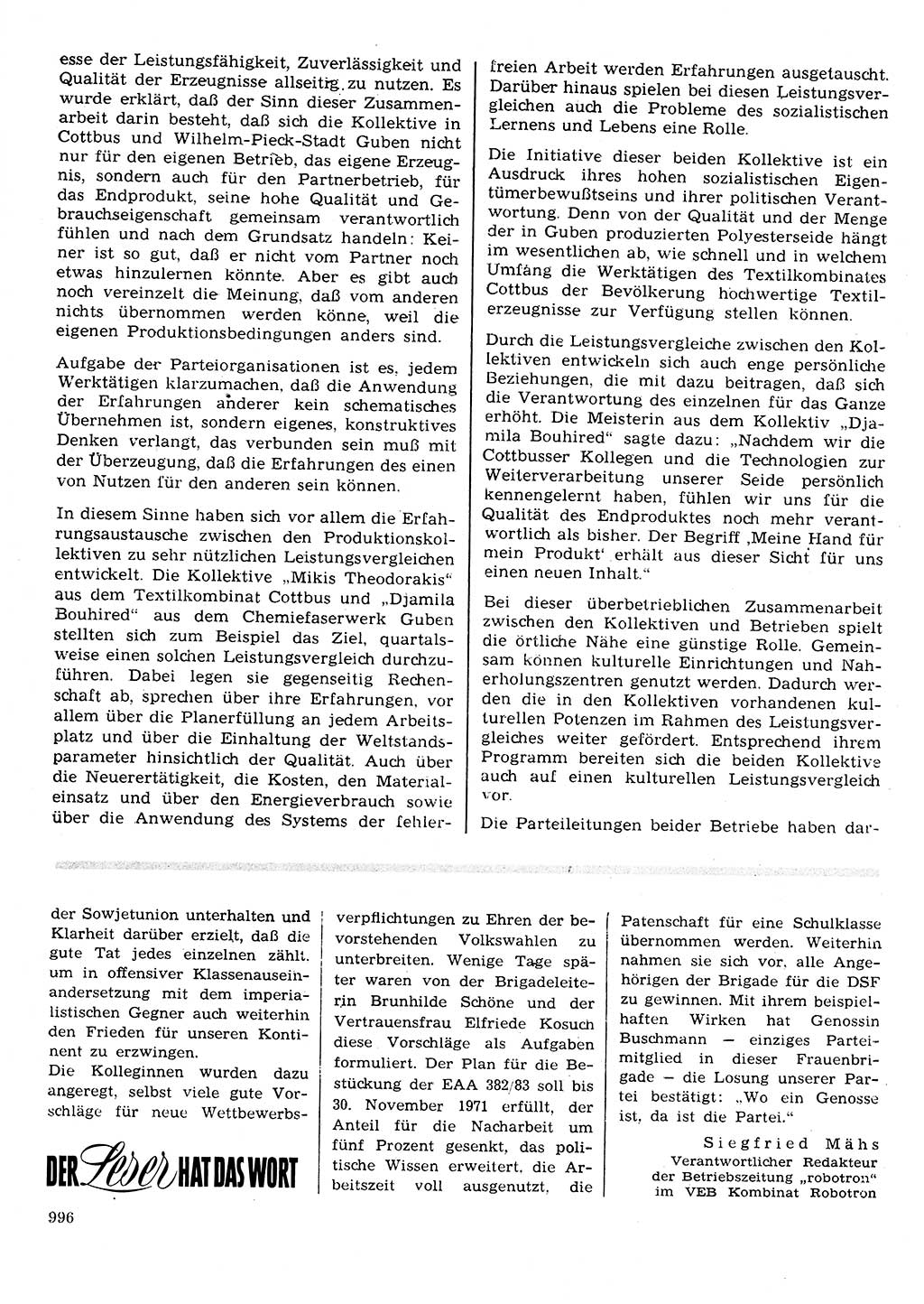 Neuer Weg (NW), Organ des Zentralkomitees (ZK) der SED (Sozialistische Einheitspartei Deutschlands) für Fragen des Parteilebens, 26. Jahrgang [Deutsche Demokratische Republik (DDR)] 1971, Seite 996 (NW ZK SED DDR 1971, S. 996)