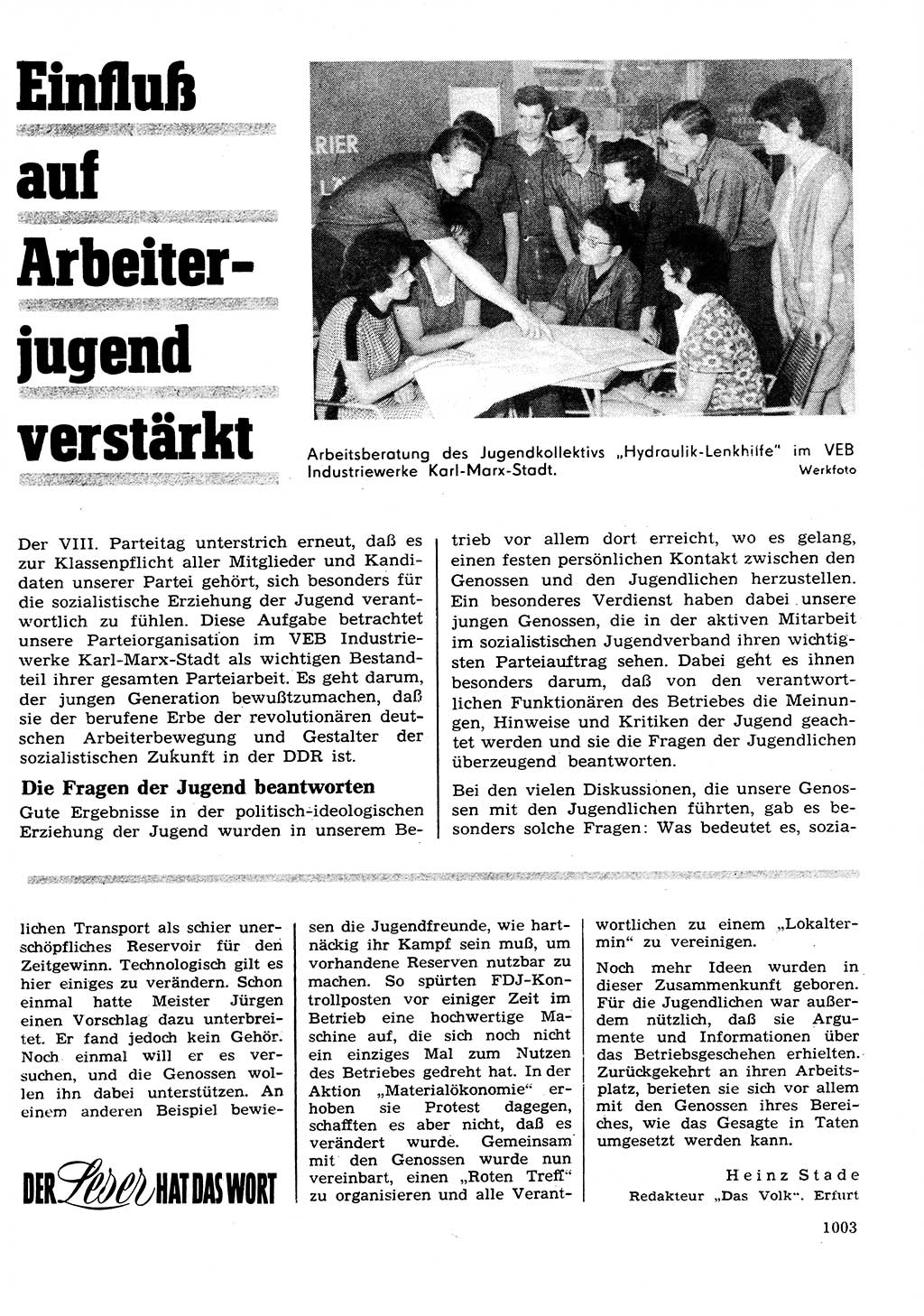 Neuer Weg (NW), Organ des Zentralkomitees (ZK) der SED (Sozialistische Einheitspartei Deutschlands) für Fragen des Parteilebens, 26. Jahrgang [Deutsche Demokratische Republik (DDR)] 1971, Seite 1003 (NW ZK SED DDR 1971, S. 1003)