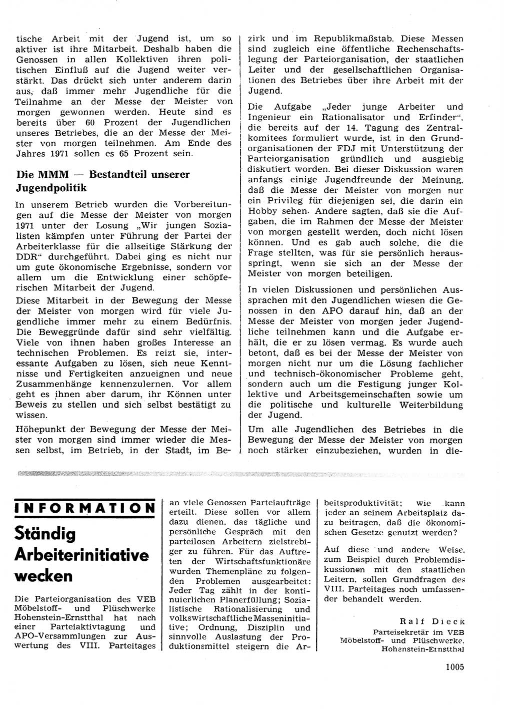 Neuer Weg (NW), Organ des Zentralkomitees (ZK) der SED (Sozialistische Einheitspartei Deutschlands) für Fragen des Parteilebens, 26. Jahrgang [Deutsche Demokratische Republik (DDR)] 1971, Seite 1005 (NW ZK SED DDR 1971, S. 1005)