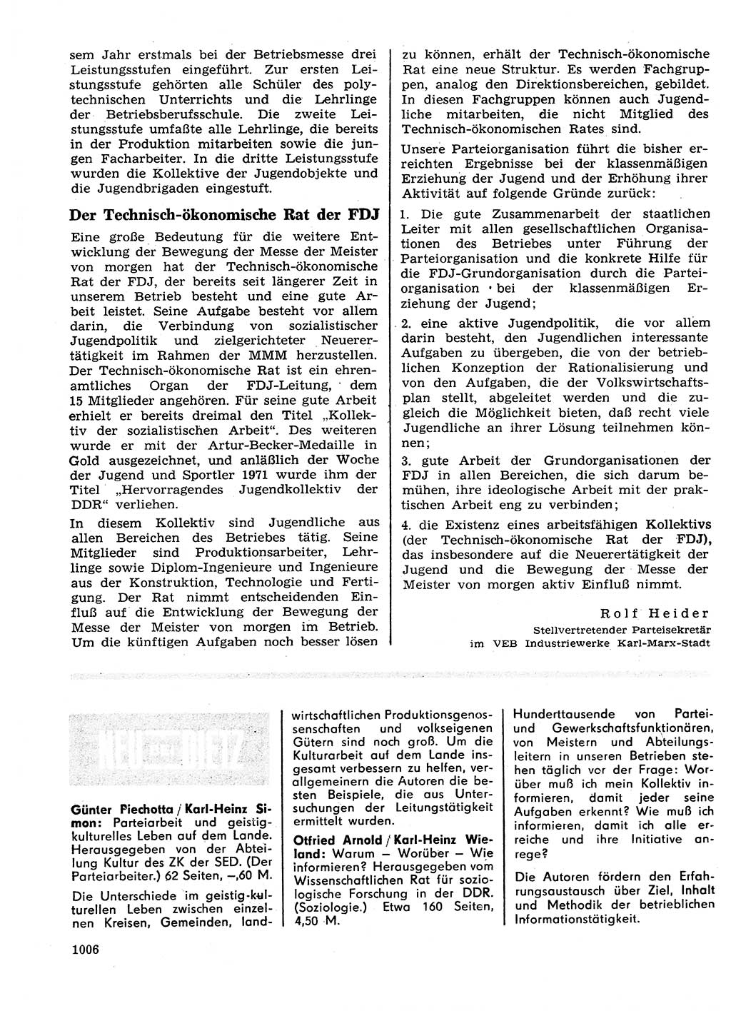 Neuer Weg (NW), Organ des Zentralkomitees (ZK) der SED (Sozialistische Einheitspartei Deutschlands) für Fragen des Parteilebens, 26. Jahrgang [Deutsche Demokratische Republik (DDR)] 1971, Seite 1006 (NW ZK SED DDR 1971, S. 1006)