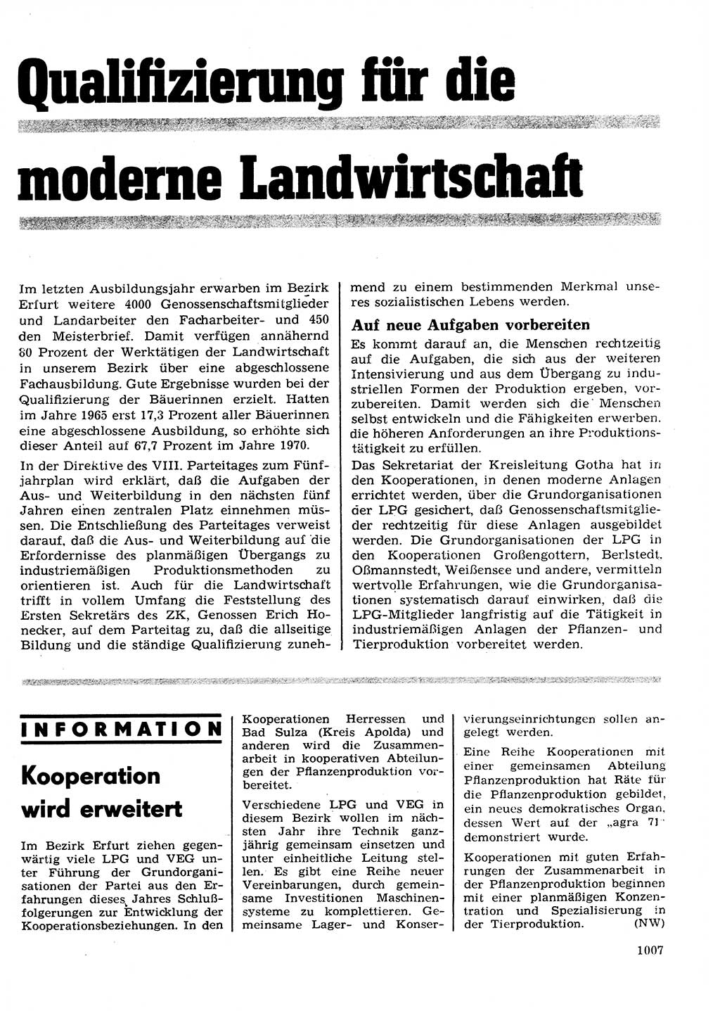 Neuer Weg (NW), Organ des Zentralkomitees (ZK) der SED (Sozialistische Einheitspartei Deutschlands) für Fragen des Parteilebens, 26. Jahrgang [Deutsche Demokratische Republik (DDR)] 1971, Seite 1007 (NW ZK SED DDR 1971, S. 1007)