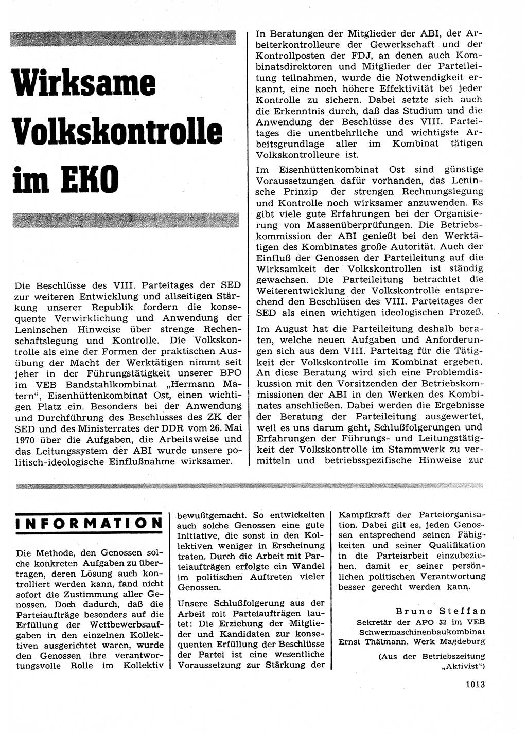 Neuer Weg (NW), Organ des Zentralkomitees (ZK) der SED (Sozialistische Einheitspartei Deutschlands) für Fragen des Parteilebens, 26. Jahrgang [Deutsche Demokratische Republik (DDR)] 1971, Seite 1013 (NW ZK SED DDR 1971, S. 1013)