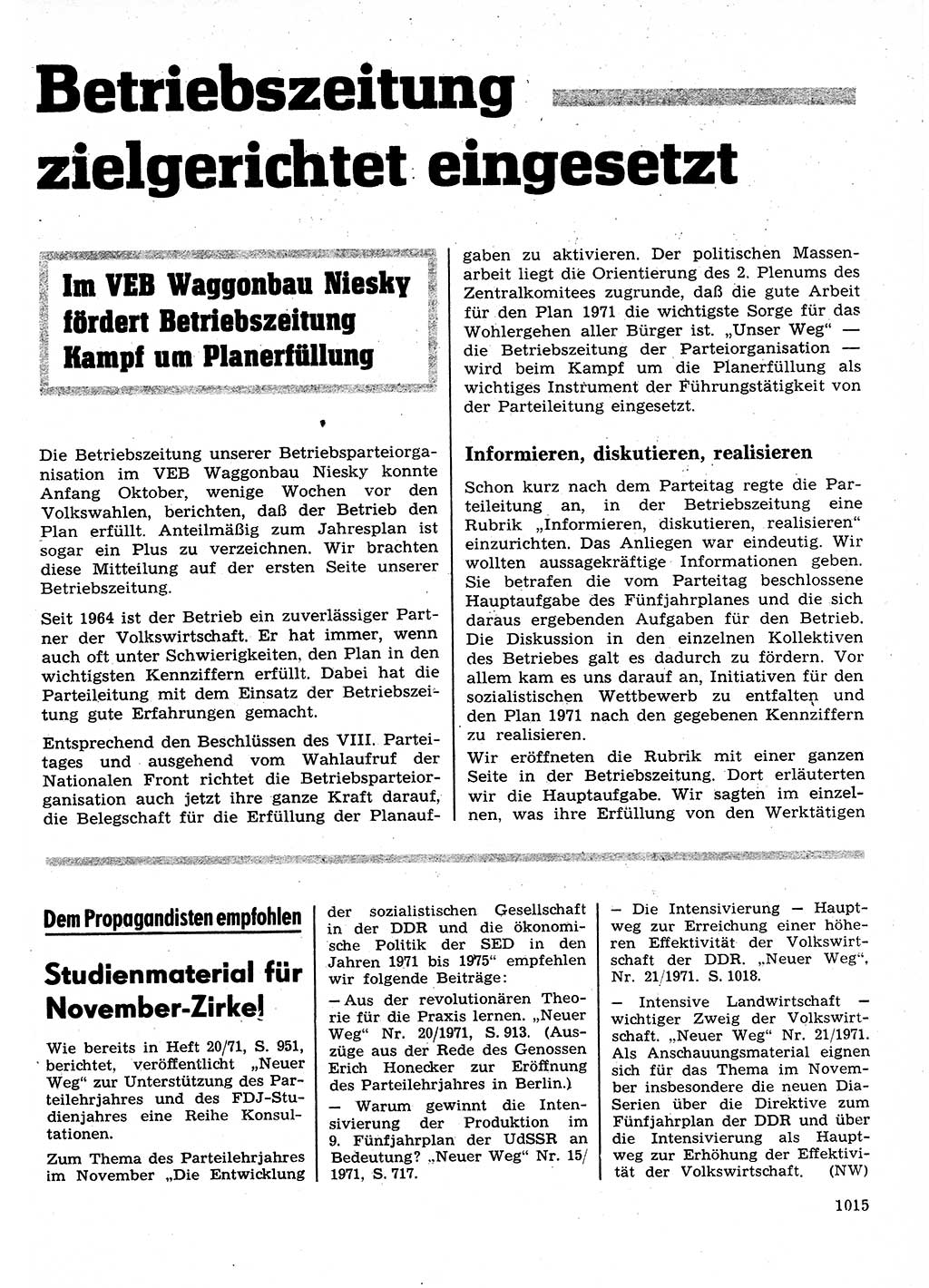 Neuer Weg (NW), Organ des Zentralkomitees (ZK) der SED (Sozialistische Einheitspartei Deutschlands) für Fragen des Parteilebens, 26. Jahrgang [Deutsche Demokratische Republik (DDR)] 1971, Seite 1015 (NW ZK SED DDR 1971, S. 1015)