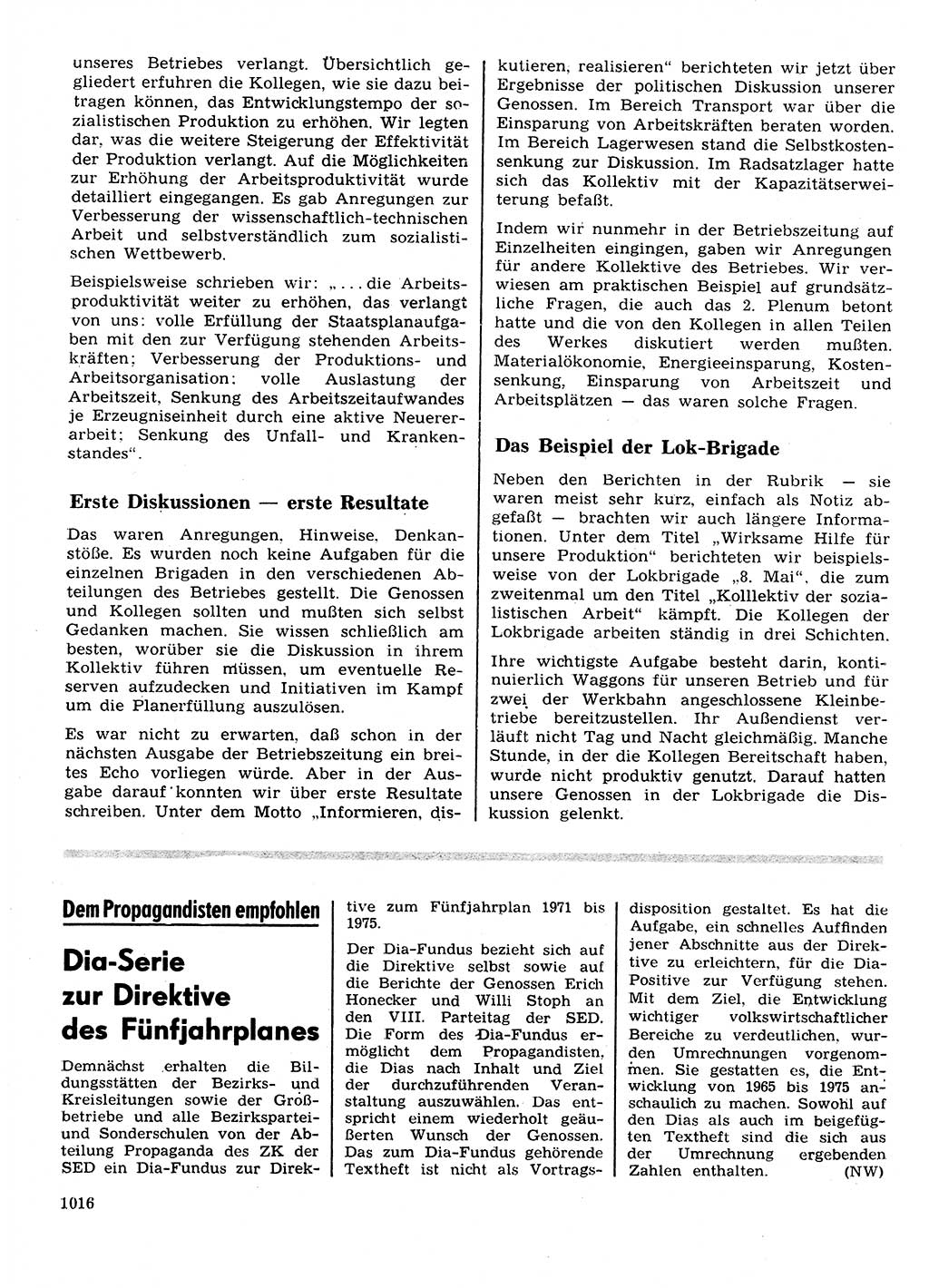 Neuer Weg (NW), Organ des Zentralkomitees (ZK) der SED (Sozialistische Einheitspartei Deutschlands) für Fragen des Parteilebens, 26. Jahrgang [Deutsche Demokratische Republik (DDR)] 1971, Seite 1016 (NW ZK SED DDR 1971, S. 1016)