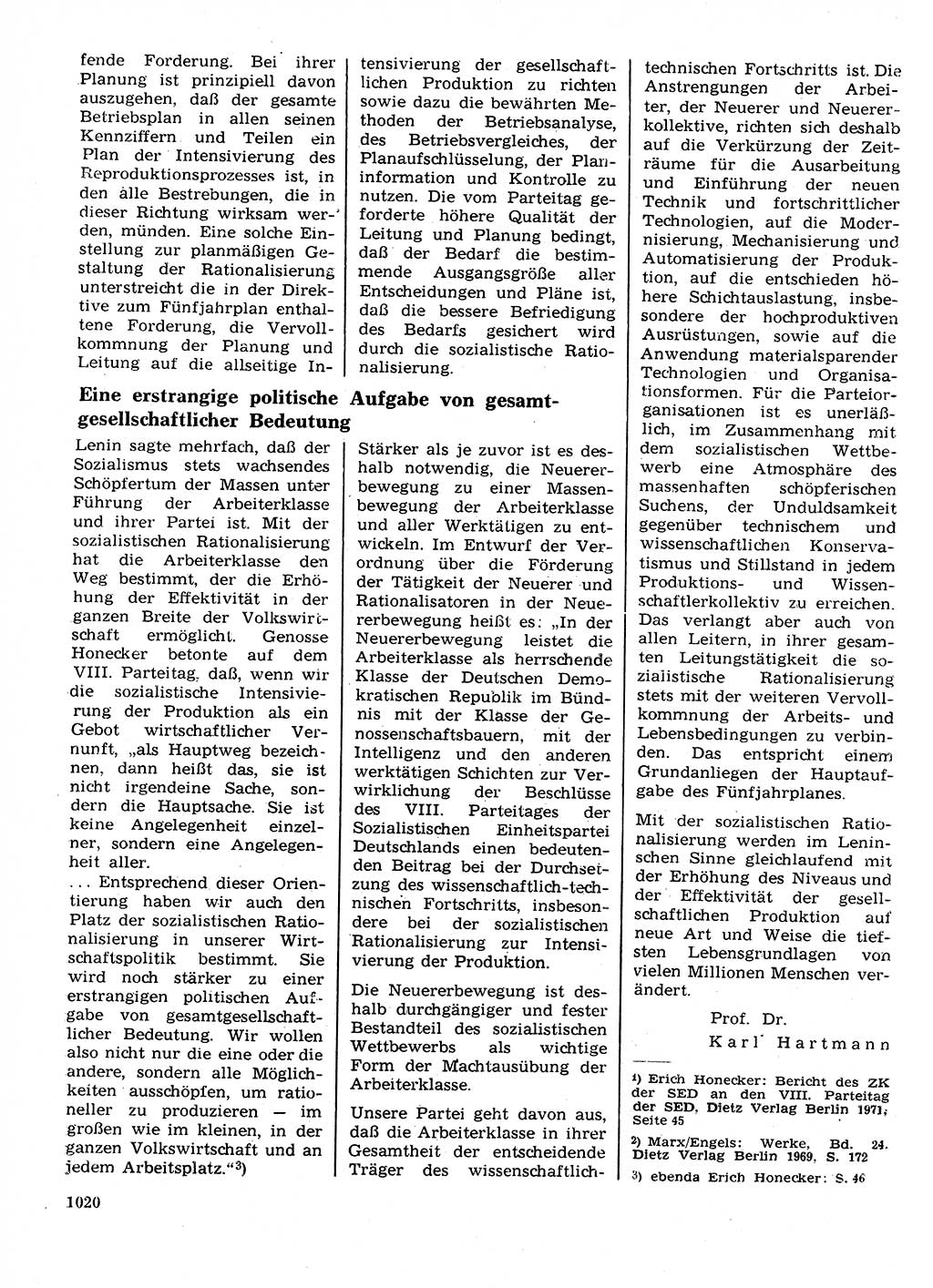 Neuer Weg (NW), Organ des Zentralkomitees (ZK) der SED (Sozialistische Einheitspartei Deutschlands) fÃ¼r Fragen des Parteilebens, 26. Jahrgang [Deutsche Demokratische Republik (DDR)] 1971, Seite 1020 (NW ZK SED DDR 1971, S. 1020)