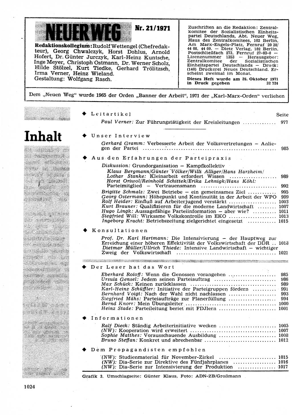 Neuer Weg (NW), Organ des Zentralkomitees (ZK) der SED (Sozialistische Einheitspartei Deutschlands) für Fragen des Parteilebens, 26. Jahrgang [Deutsche Demokratische Republik (DDR)] 1971, Seite 1024 (NW ZK SED DDR 1971, S. 1024)