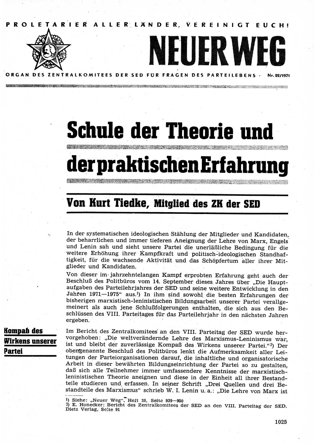 Neuer Weg (NW), Organ des Zentralkomitees (ZK) der SED (Sozialistische Einheitspartei Deutschlands) für Fragen des Parteilebens, 26. Jahrgang [Deutsche Demokratische Republik (DDR)] 1971, Seite 1025 (NW ZK SED DDR 1971, S. 1025)