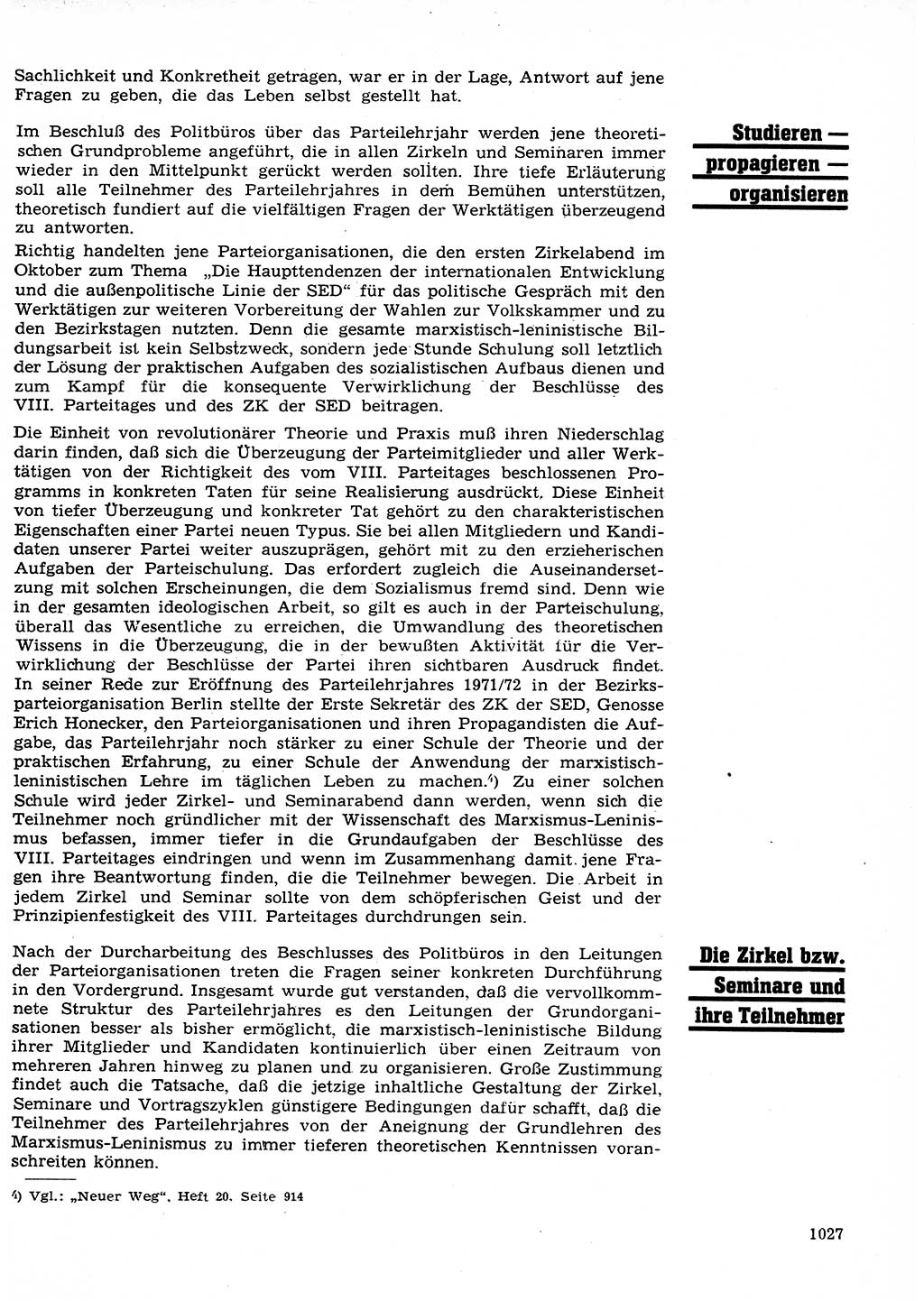 Neuer Weg (NW), Organ des Zentralkomitees (ZK) der SED (Sozialistische Einheitspartei Deutschlands) für Fragen des Parteilebens, 26. Jahrgang [Deutsche Demokratische Republik (DDR)] 1971, Seite 1027 (NW ZK SED DDR 1971, S. 1027)