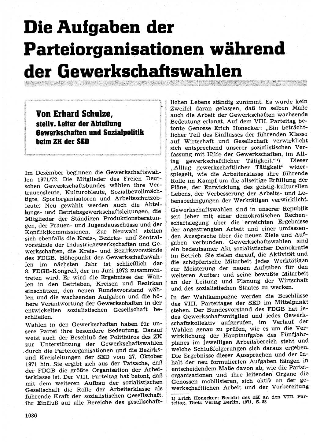 Neuer Weg (NW), Organ des Zentralkomitees (ZK) der SED (Sozialistische Einheitspartei Deutschlands) für Fragen des Parteilebens, 26. Jahrgang [Deutsche Demokratische Republik (DDR)] 1971, Seite 1036 (NW ZK SED DDR 1971, S. 1036)