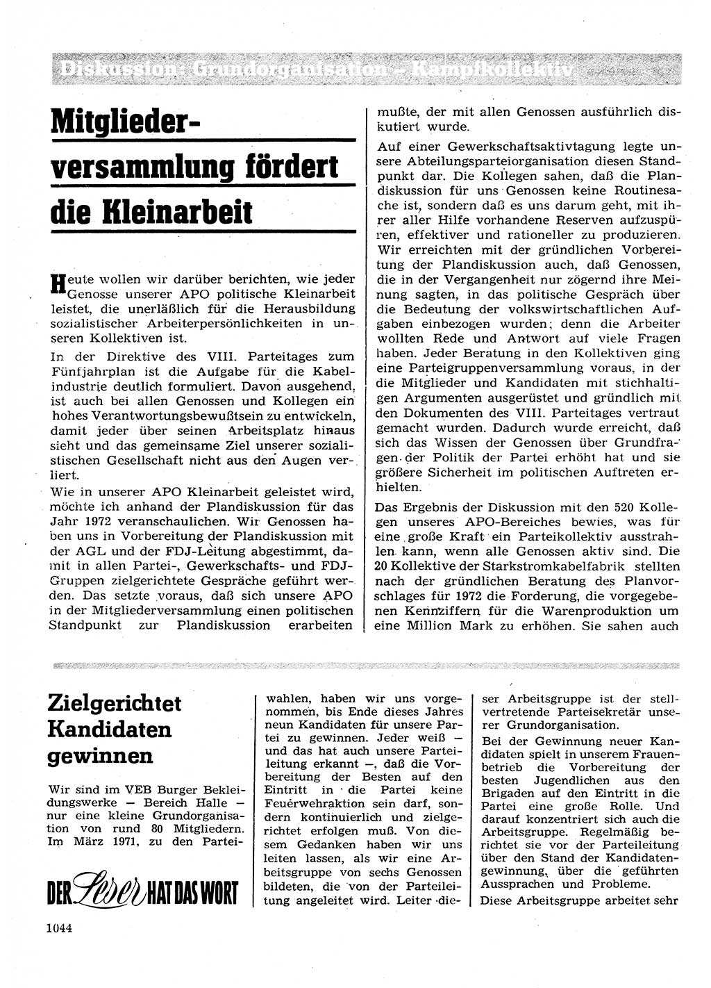 Neuer Weg (NW), Organ des Zentralkomitees (ZK) der SED (Sozialistische Einheitspartei Deutschlands) für Fragen des Parteilebens, 26. Jahrgang [Deutsche Demokratische Republik (DDR)] 1971, Seite 1044 (NW ZK SED DDR 1971, S. 1044)