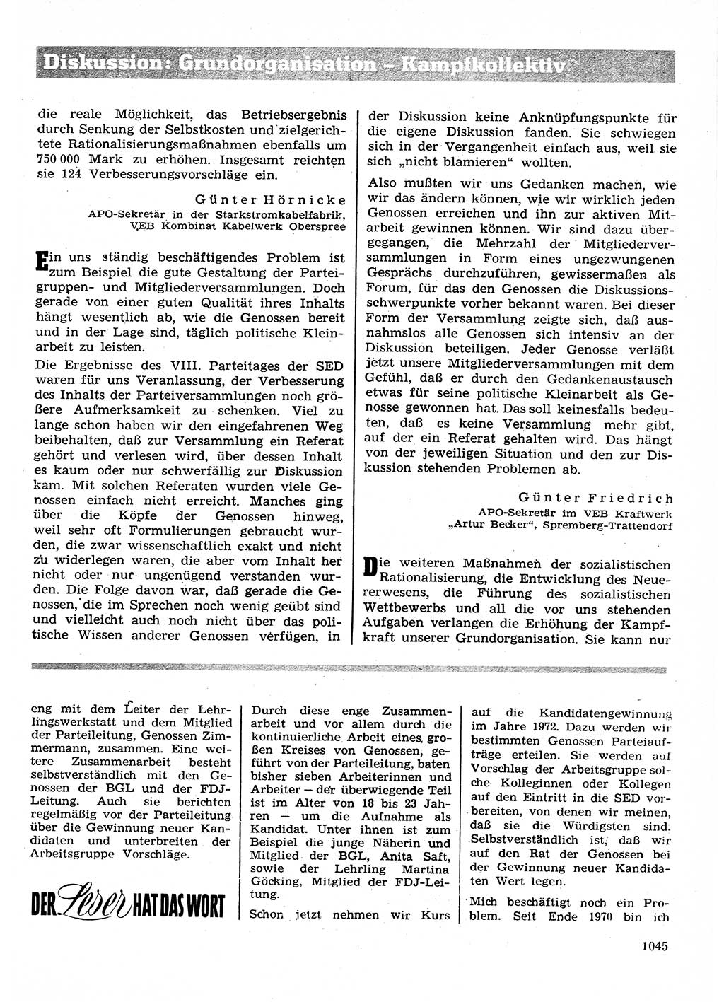 Neuer Weg (NW), Organ des Zentralkomitees (ZK) der SED (Sozialistische Einheitspartei Deutschlands) für Fragen des Parteilebens, 26. Jahrgang [Deutsche Demokratische Republik (DDR)] 1971, Seite 1045 (NW ZK SED DDR 1971, S. 1045)