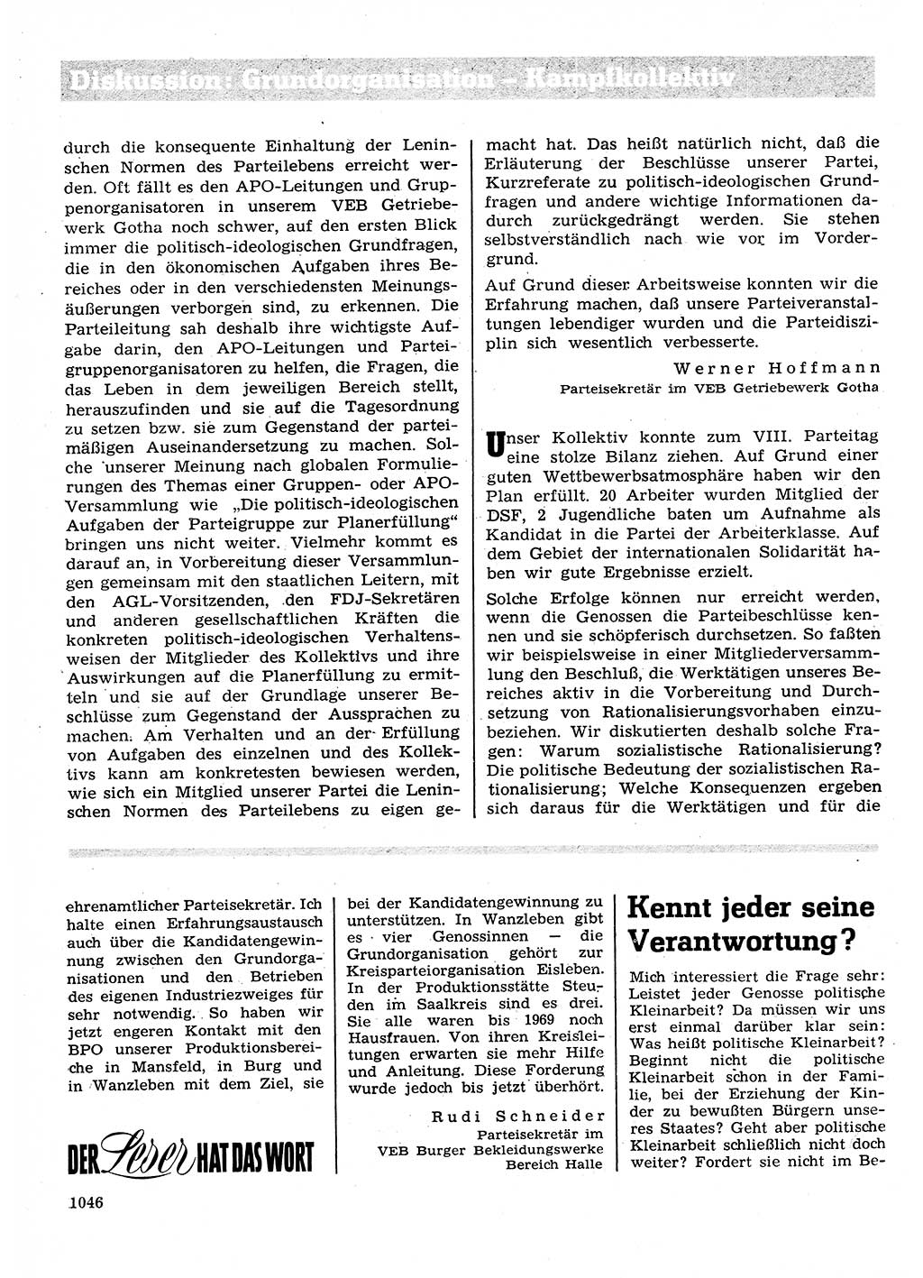Neuer Weg (NW), Organ des Zentralkomitees (ZK) der SED (Sozialistische Einheitspartei Deutschlands) für Fragen des Parteilebens, 26. Jahrgang [Deutsche Demokratische Republik (DDR)] 1971, Seite 1046 (NW ZK SED DDR 1971, S. 1046)