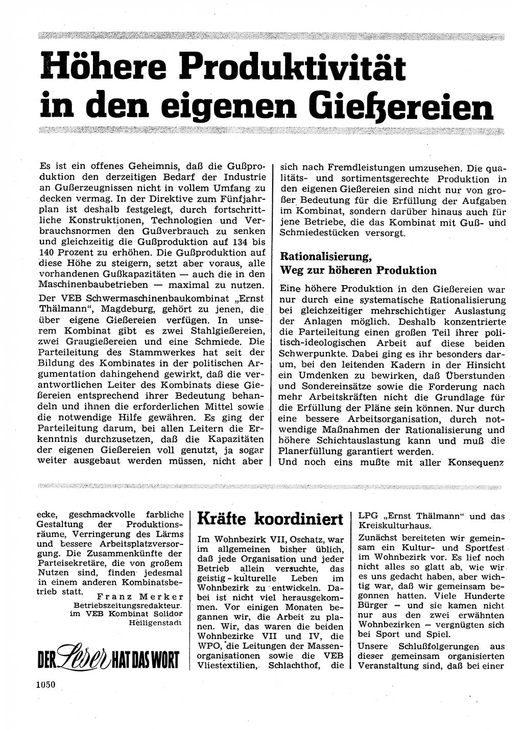 Neuer Weg (NW), Organ des Zentralkomitees (ZK) der SED (Sozialistische Einheitspartei Deutschlands) für Fragen des Parteilebens, 26. Jahrgang [Deutsche Demokratische Republik (DDR)] 1971, Seite 1050 (NW ZK SED DDR 1971, S. 1050)