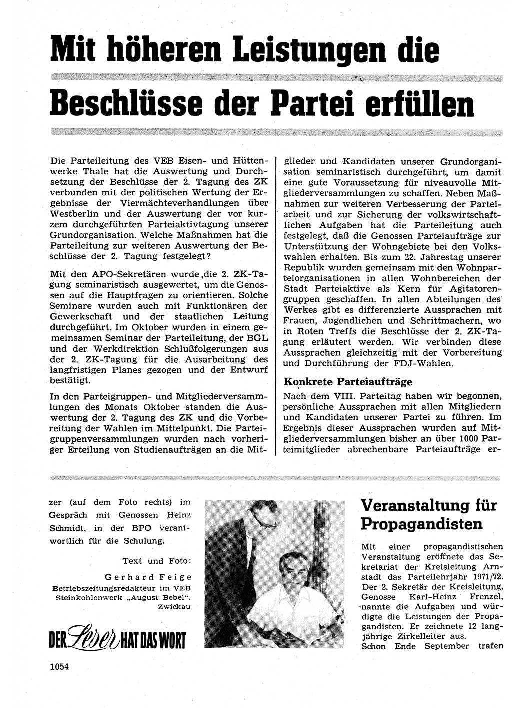 Neuer Weg (NW), Organ des Zentralkomitees (ZK) der SED (Sozialistische Einheitspartei Deutschlands) für Fragen des Parteilebens, 26. Jahrgang [Deutsche Demokratische Republik (DDR)] 1971, Seite 1054 (NW ZK SED DDR 1971, S. 1054)