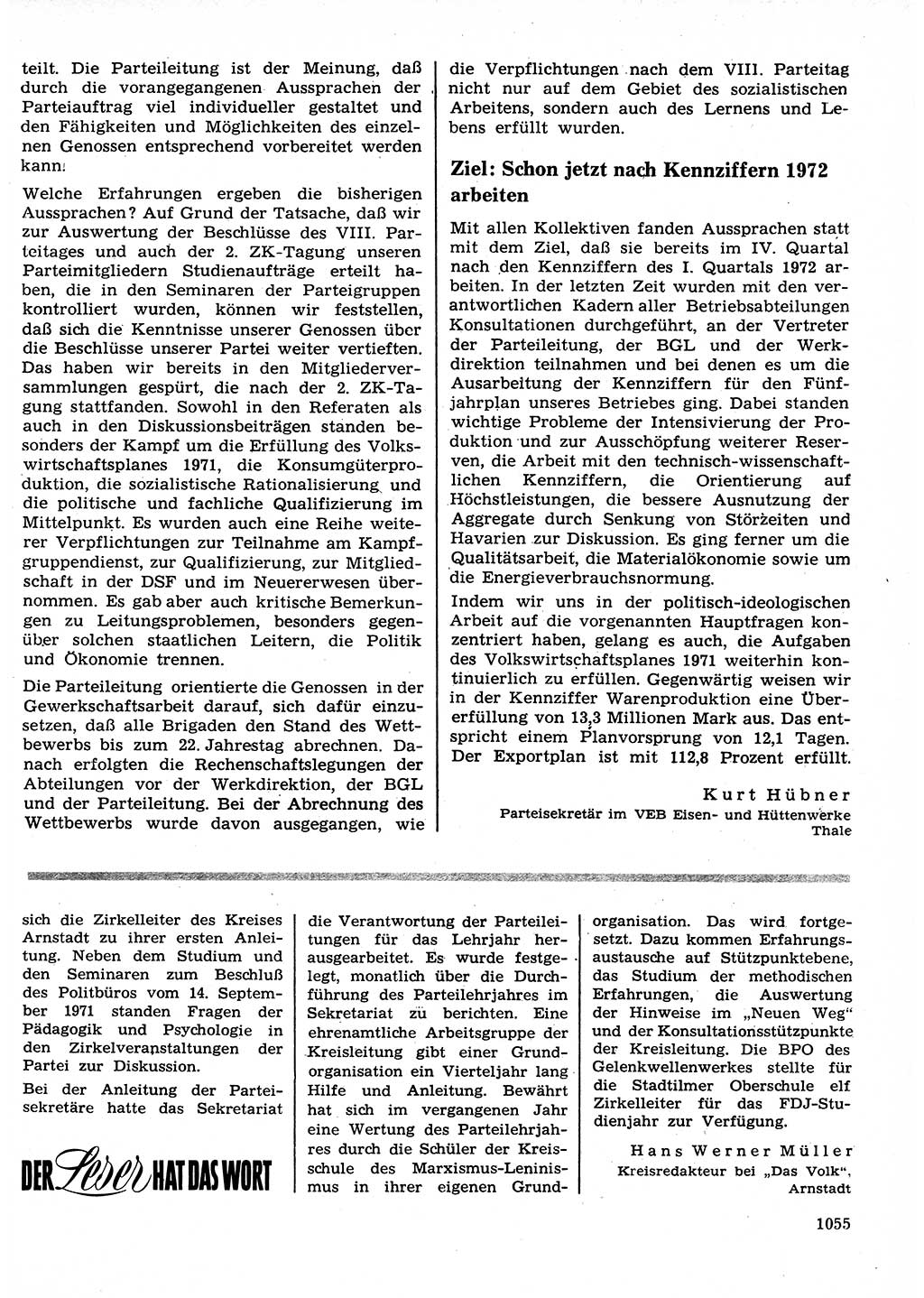 Neuer Weg (NW), Organ des Zentralkomitees (ZK) der SED (Sozialistische Einheitspartei Deutschlands) für Fragen des Parteilebens, 26. Jahrgang [Deutsche Demokratische Republik (DDR)] 1971, Seite 1055 (NW ZK SED DDR 1971, S. 1055)