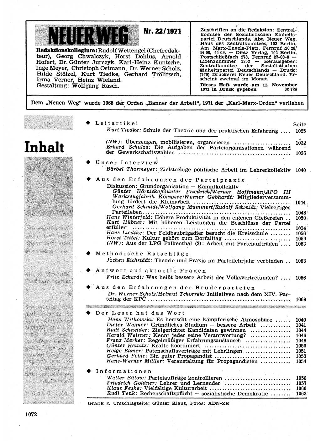 Neuer Weg (NW), Organ des Zentralkomitees (ZK) der SED (Sozialistische Einheitspartei Deutschlands) für Fragen des Parteilebens, 26. Jahrgang [Deutsche Demokratische Republik (DDR)] 1971, Seite 1072 (NW ZK SED DDR 1971, S. 1072)