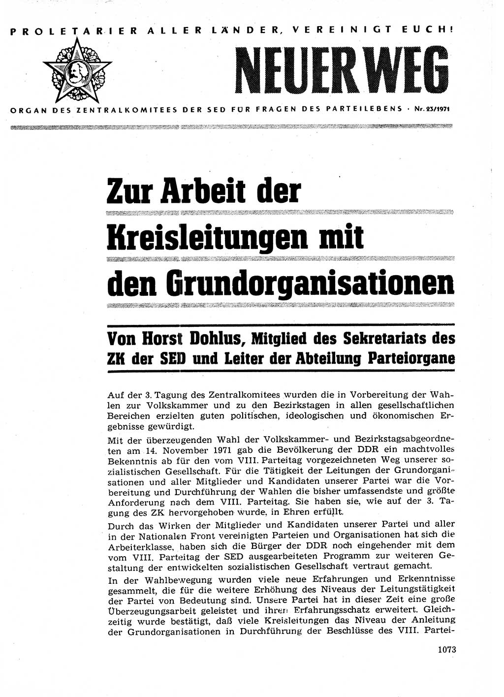 Neuer Weg (NW), Organ des Zentralkomitees (ZK) der SED (Sozialistische Einheitspartei Deutschlands) für Fragen des Parteilebens, 26. Jahrgang [Deutsche Demokratische Republik (DDR)] 1971, Seite 1073 (NW ZK SED DDR 1971, S. 1073)