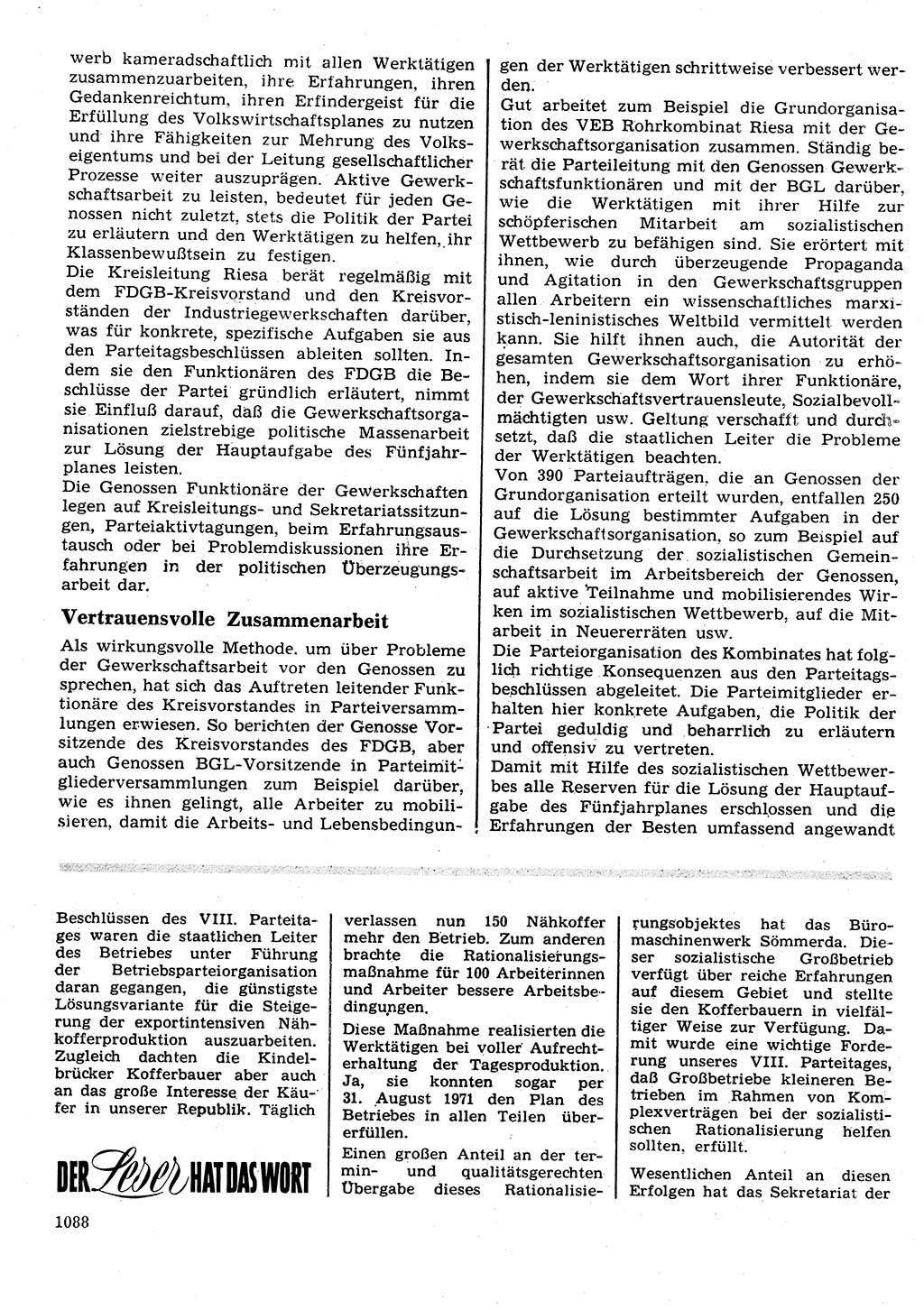 Neuer Weg (NW), Organ des Zentralkomitees (ZK) der SED (Sozialistische Einheitspartei Deutschlands) für Fragen des Parteilebens, 26. Jahrgang [Deutsche Demokratische Republik (DDR)] 1971, Seite 1088 (NW ZK SED DDR 1971, S. 1088)