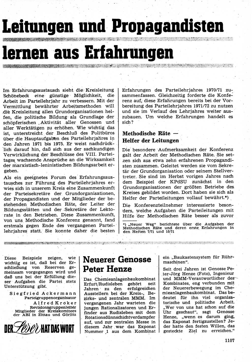 Neuer Weg (NW), Organ des Zentralkomitees (ZK) der SED (Sozialistische Einheitspartei Deutschlands) für Fragen des Parteilebens, 26. Jahrgang [Deutsche Demokratische Republik (DDR)] 1971, Seite 1107 (NW ZK SED DDR 1971, S. 1107)
