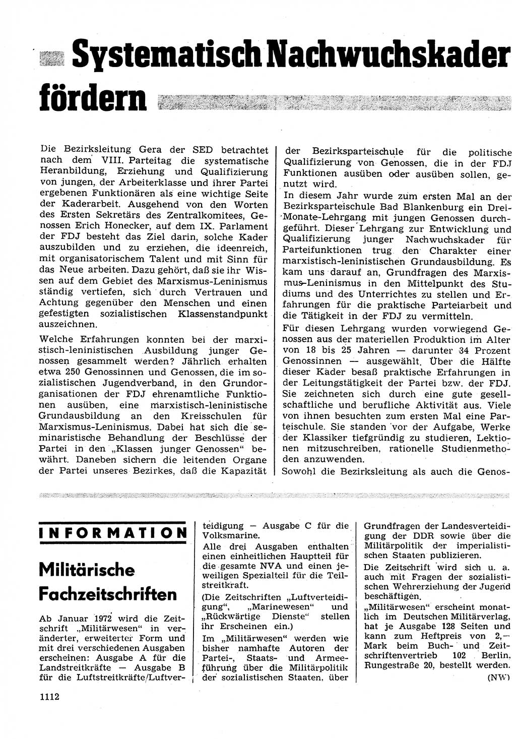 Neuer Weg (NW), Organ des Zentralkomitees (ZK) der SED (Sozialistische Einheitspartei Deutschlands) für Fragen des Parteilebens, 26. Jahrgang [Deutsche Demokratische Republik (DDR)] 1971, Seite 1112 (NW ZK SED DDR 1971, S. 1112)
