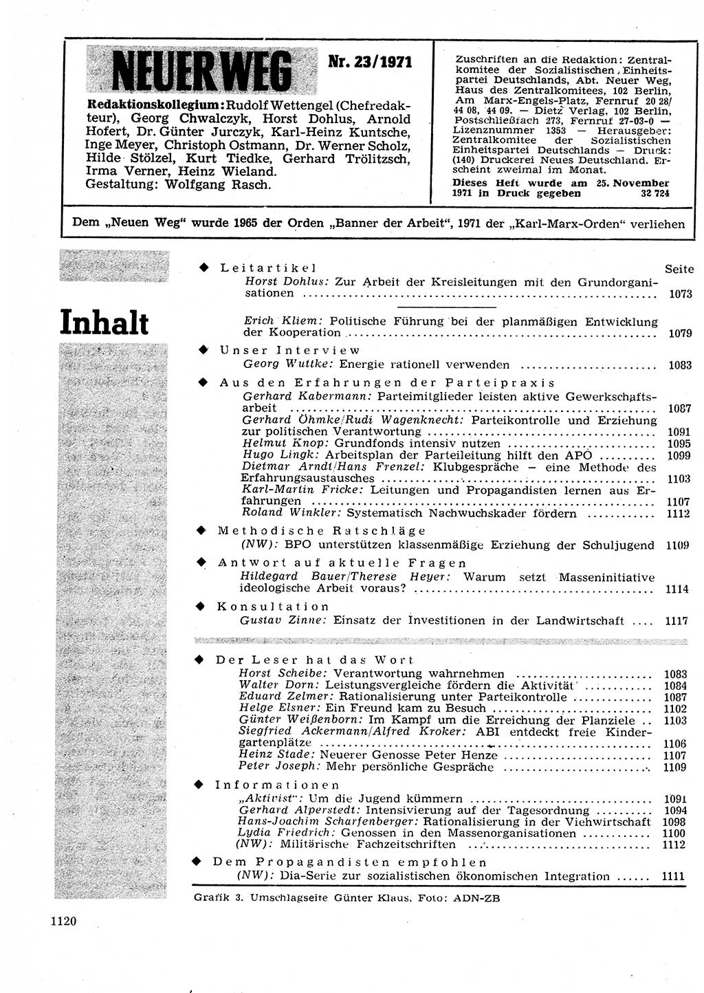 Neuer Weg (NW), Organ des Zentralkomitees (ZK) der SED (Sozialistische Einheitspartei Deutschlands) für Fragen des Parteilebens, 26. Jahrgang [Deutsche Demokratische Republik (DDR)] 1971, Seite 1120 (NW ZK SED DDR 1971, S. 1120)