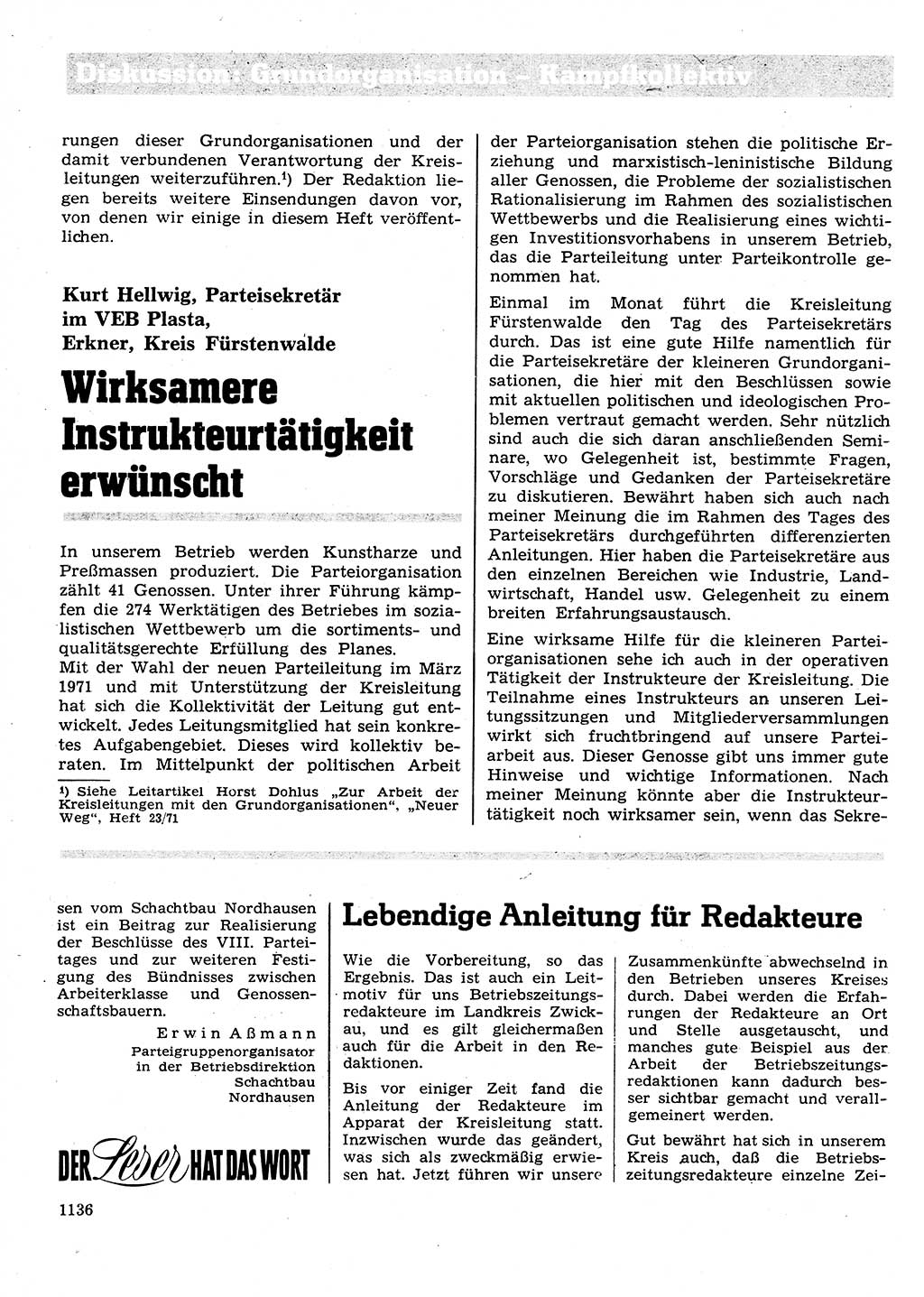Neuer Weg (NW), Organ des Zentralkomitees (ZK) der SED (Sozialistische Einheitspartei Deutschlands) für Fragen des Parteilebens, 26. Jahrgang [Deutsche Demokratische Republik (DDR)] 1971, Seite 1136 (NW ZK SED DDR 1971, S. 1136)