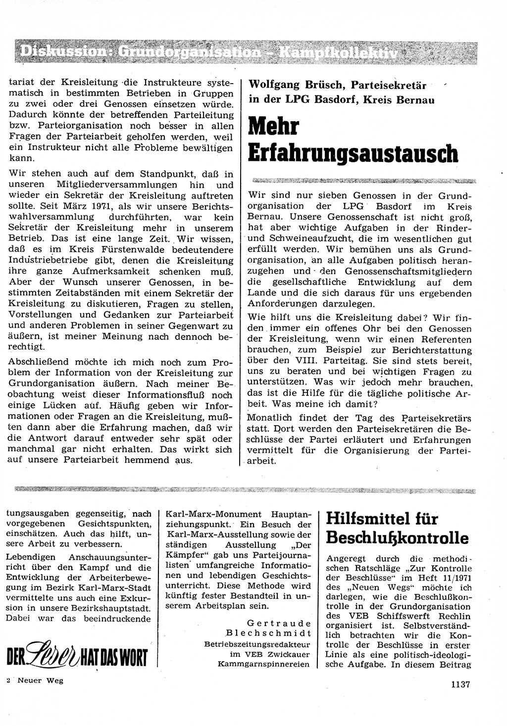 Neuer Weg (NW), Organ des Zentralkomitees (ZK) der SED (Sozialistische Einheitspartei Deutschlands) für Fragen des Parteilebens, 26. Jahrgang [Deutsche Demokratische Republik (DDR)] 1971, Seite 1137 (NW ZK SED DDR 1971, S. 1137)