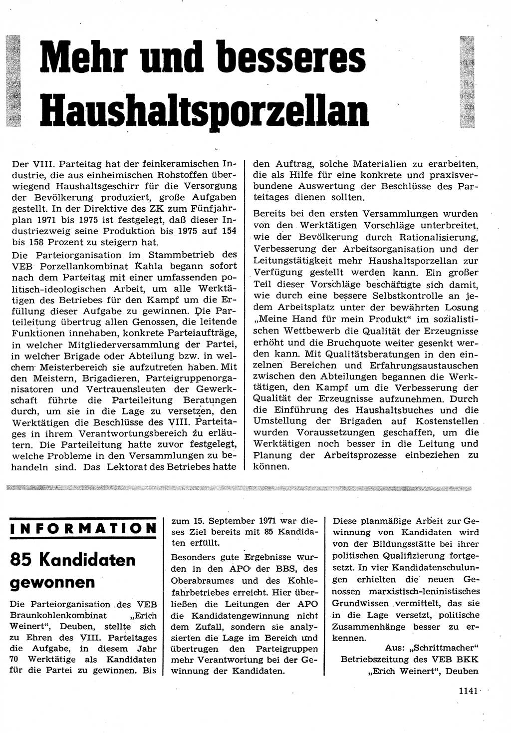 Neuer Weg (NW), Organ des Zentralkomitees (ZK) der SED (Sozialistische Einheitspartei Deutschlands) für Fragen des Parteilebens, 26. Jahrgang [Deutsche Demokratische Republik (DDR)] 1971, Seite 1141 (NW ZK SED DDR 1971, S. 1141)