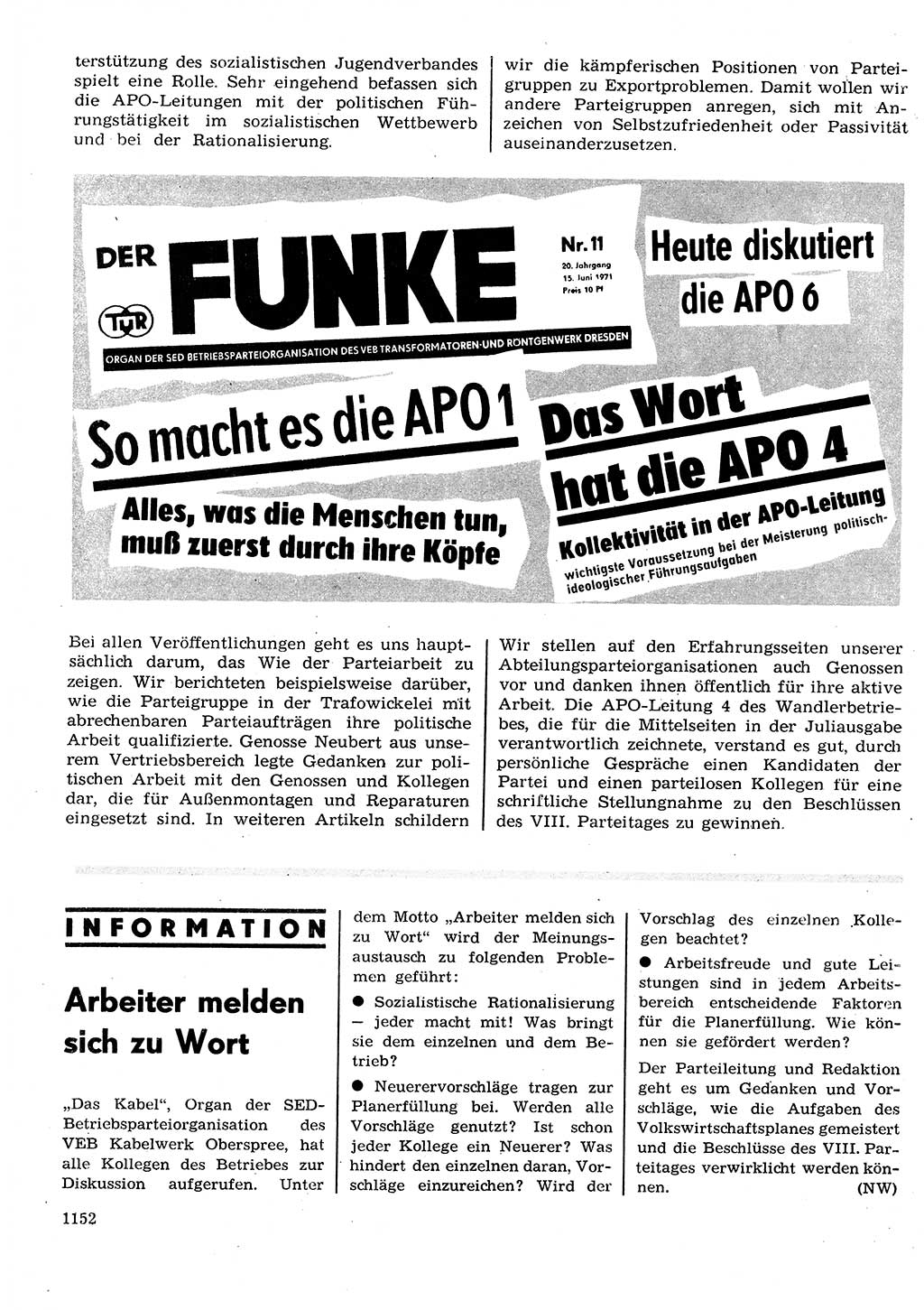 Neuer Weg (NW), Organ des Zentralkomitees (ZK) der SED (Sozialistische Einheitspartei Deutschlands) für Fragen des Parteilebens, 26. Jahrgang [Deutsche Demokratische Republik (DDR)] 1971, Seite 1152 (NW ZK SED DDR 1971, S. 1152)