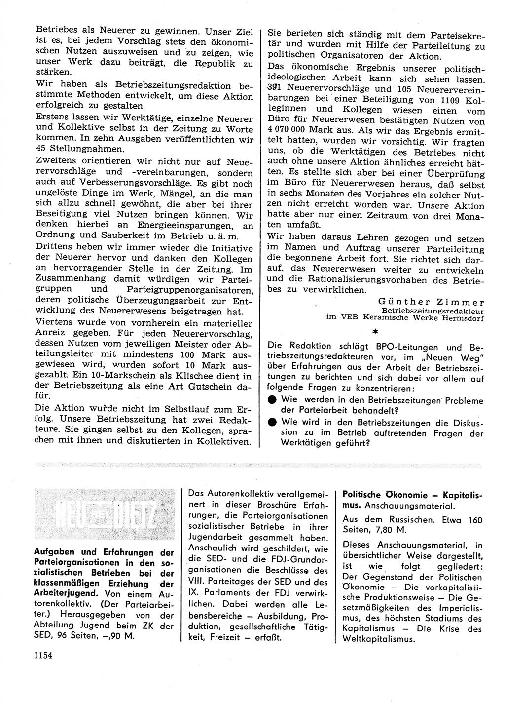 Neuer Weg (NW), Organ des Zentralkomitees (ZK) der SED (Sozialistische Einheitspartei Deutschlands) für Fragen des Parteilebens, 26. Jahrgang [Deutsche Demokratische Republik (DDR)] 1971, Seite 1154 (NW ZK SED DDR 1971, S. 1154)