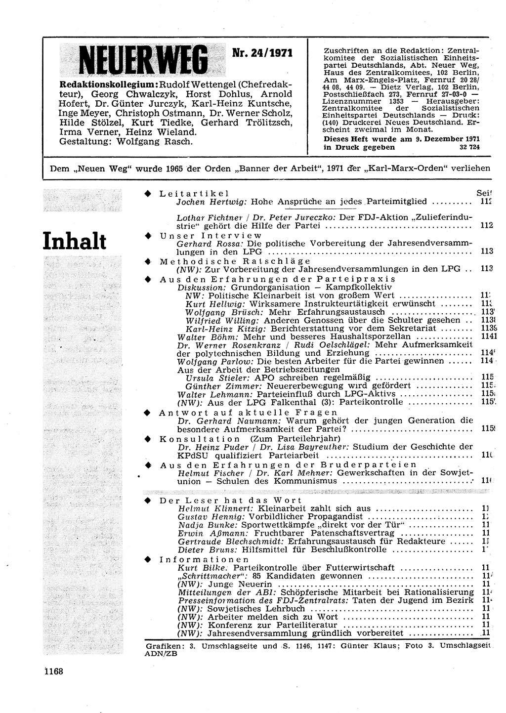 Neuer Weg (NW), Organ des Zentralkomitees (ZK) der SED (Sozialistische Einheitspartei Deutschlands) für Fragen des Parteilebens, 26. Jahrgang [Deutsche Demokratische Republik (DDR)] 1971, Seite 1168 (NW ZK SED DDR 1971, S. 1168)