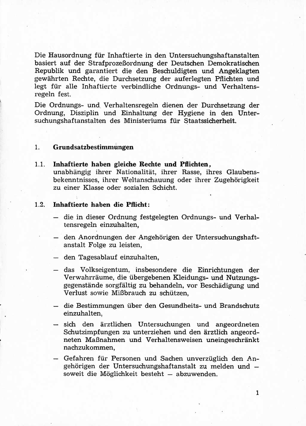 Ordnungs- und Verhaltensregeln (Hausordnung) für Inhaftierte in den Untersuchungshaftanstalten (UHA) [Ministerium für Staatssicherheit (MfS), Deutsche Demokratische Republik (DDR)] 1971, Seite 1 (H.-Ordn. UHA MfS DDR 1971, S. 1)