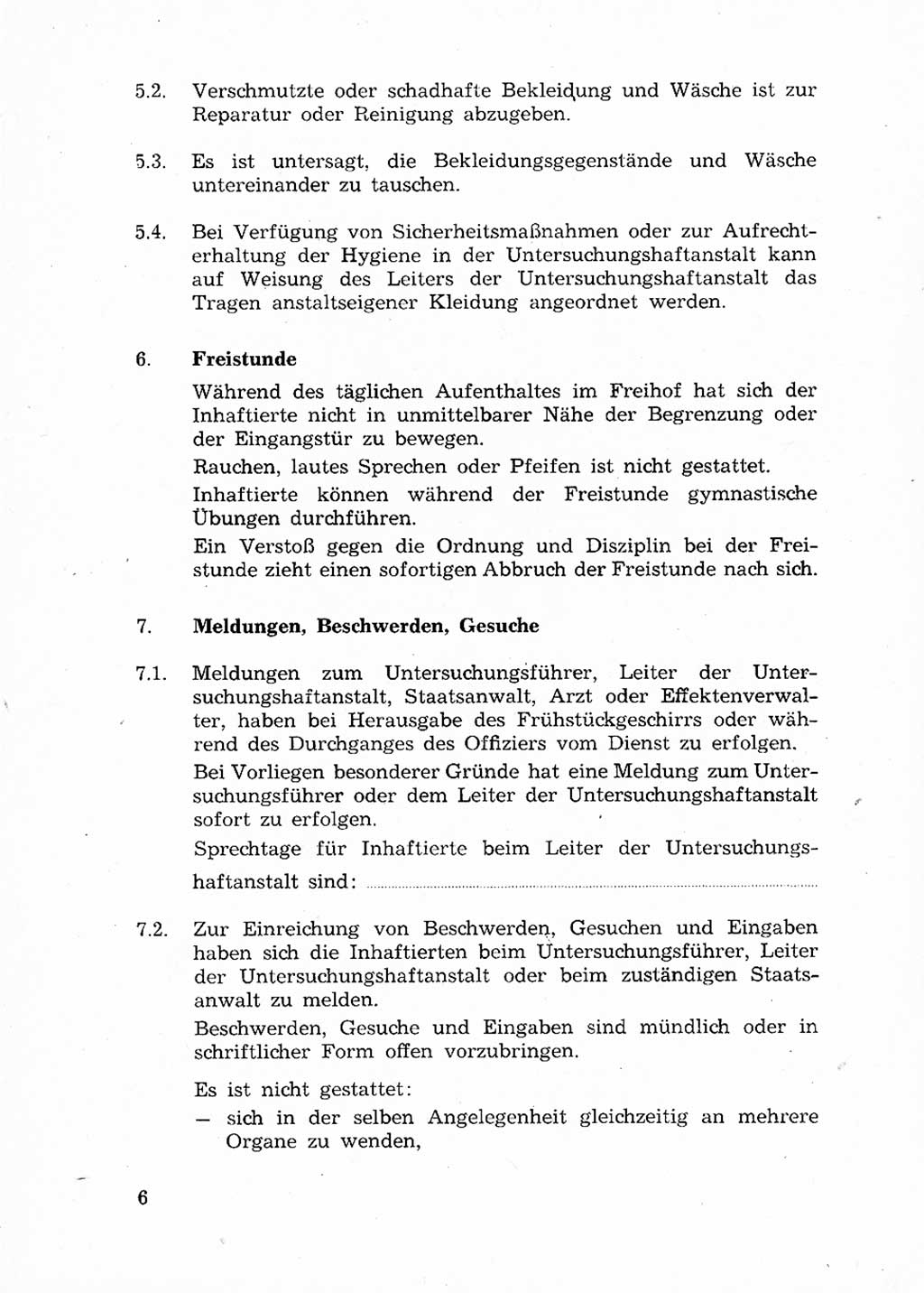 Ordnungs- und Verhaltensregeln (Hausordnung) für Inhaftierte in den Untersuchungshaftanstalten (UHA) [Ministerium für Staatssicherheit (MfS), Deutsche Demokratische Republik (DDR)] 1971, Seite 6 (H.-Ordn. UHA MfS DDR 1971, S. 6)