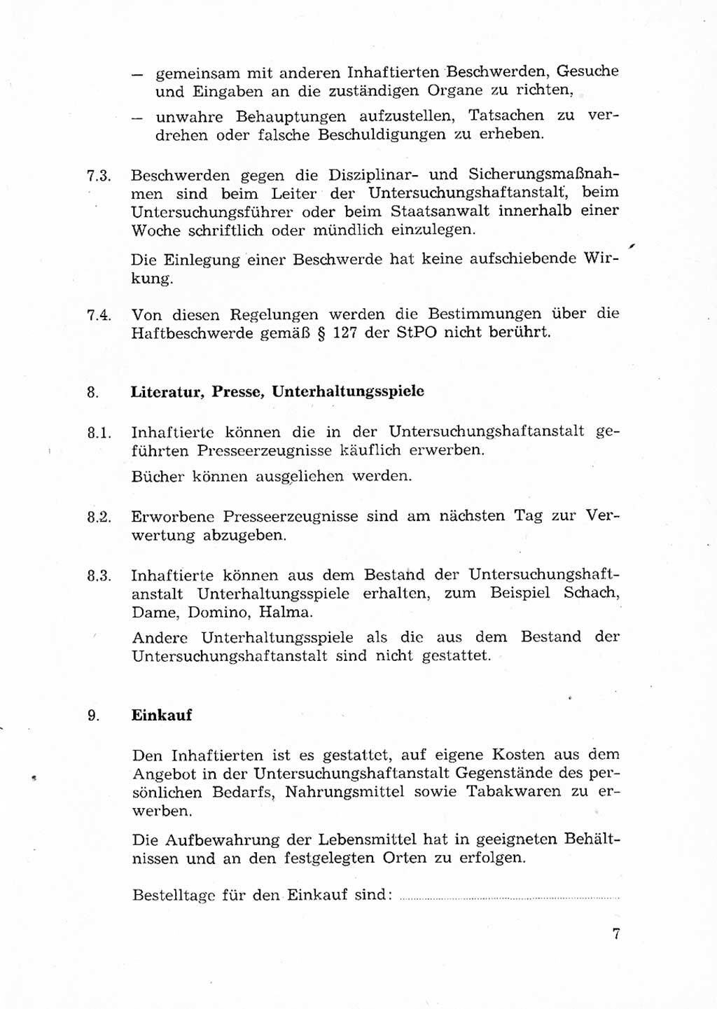 Ordnungs- und Verhaltensregeln (Hausordnung) für Inhaftierte in den Untersuchungshaftanstalten (UHA) [Ministerium für Staatssicherheit (MfS), Deutsche Demokratische Republik (DDR)] 1971, Seite 7 (H.-Ordn. UHA MfS DDR 1971, S. 7)