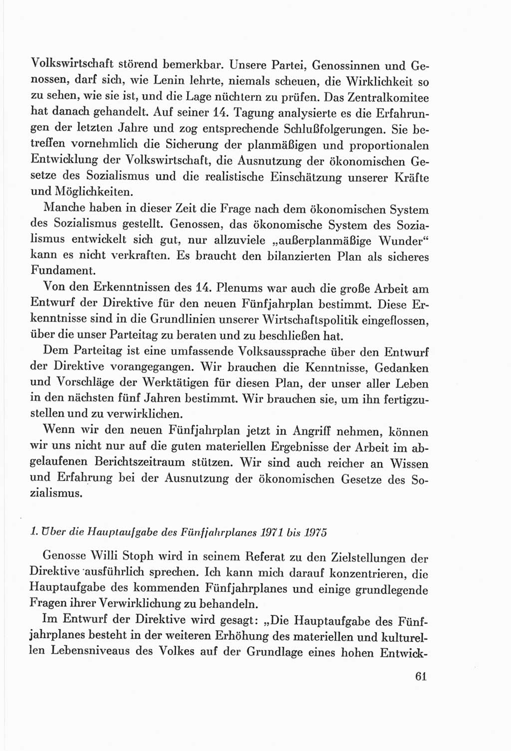 Protokoll der Verhandlungen des Ⅷ. Parteitages der Sozialistischen Einheitspartei Deutschlands (SED) [Deutsche Demokratische Republik (DDR)] 1971, Band 1, Seite 61 (Prot. Verh. Ⅷ. PT SED DDR 1971, Bd. 1, S. 61)