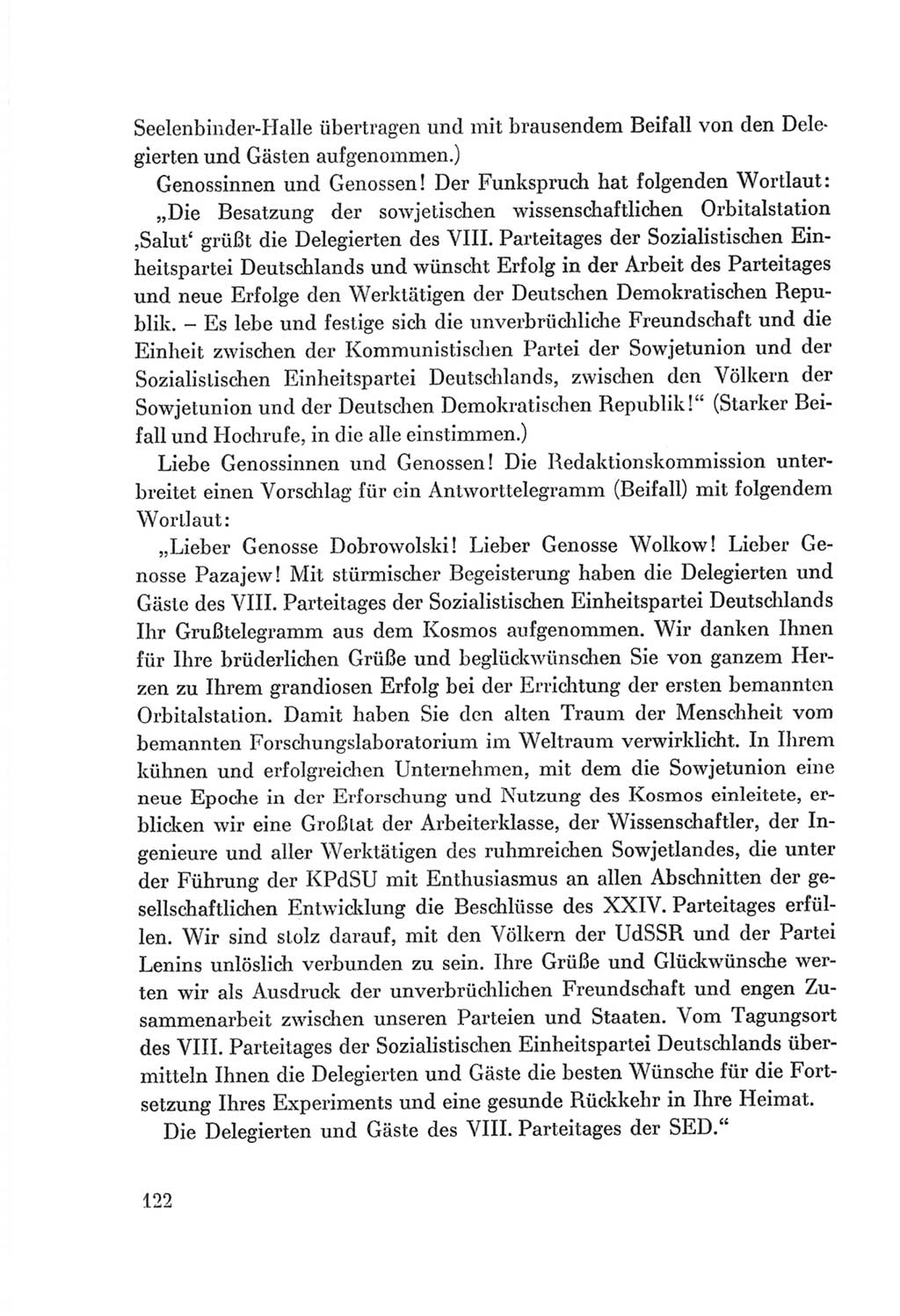 Protokoll der Verhandlungen des Ⅷ. Parteitages der Sozialistischen Einheitspartei Deutschlands (SED) [Deutsche Demokratische Republik (DDR)] 1971, Band 1, Seite 122 (Prot. Verh. Ⅷ. PT SED DDR 1971, Bd. 1, S. 122)