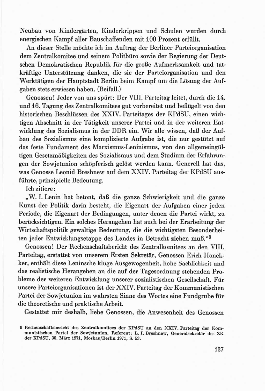 Protokoll der Verhandlungen des Ⅷ. Parteitages der Sozialistischen Einheitspartei Deutschlands (SED) [Deutsche Demokratische Republik (DDR)] 1971, Band 1, Seite 137 (Prot. Verh. Ⅷ. PT SED DDR 1971, Bd. 1, S. 137)