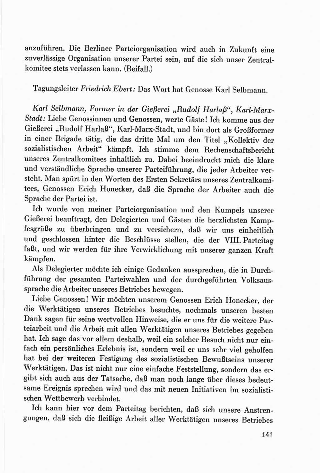 Protokoll der Verhandlungen des Ⅷ. Parteitages der Sozialistischen Einheitspartei Deutschlands (SED) [Deutsche Demokratische Republik (DDR)] 1971, Band 1, Seite 141 (Prot. Verh. Ⅷ. PT SED DDR 1971, Bd. 1, S. 141)