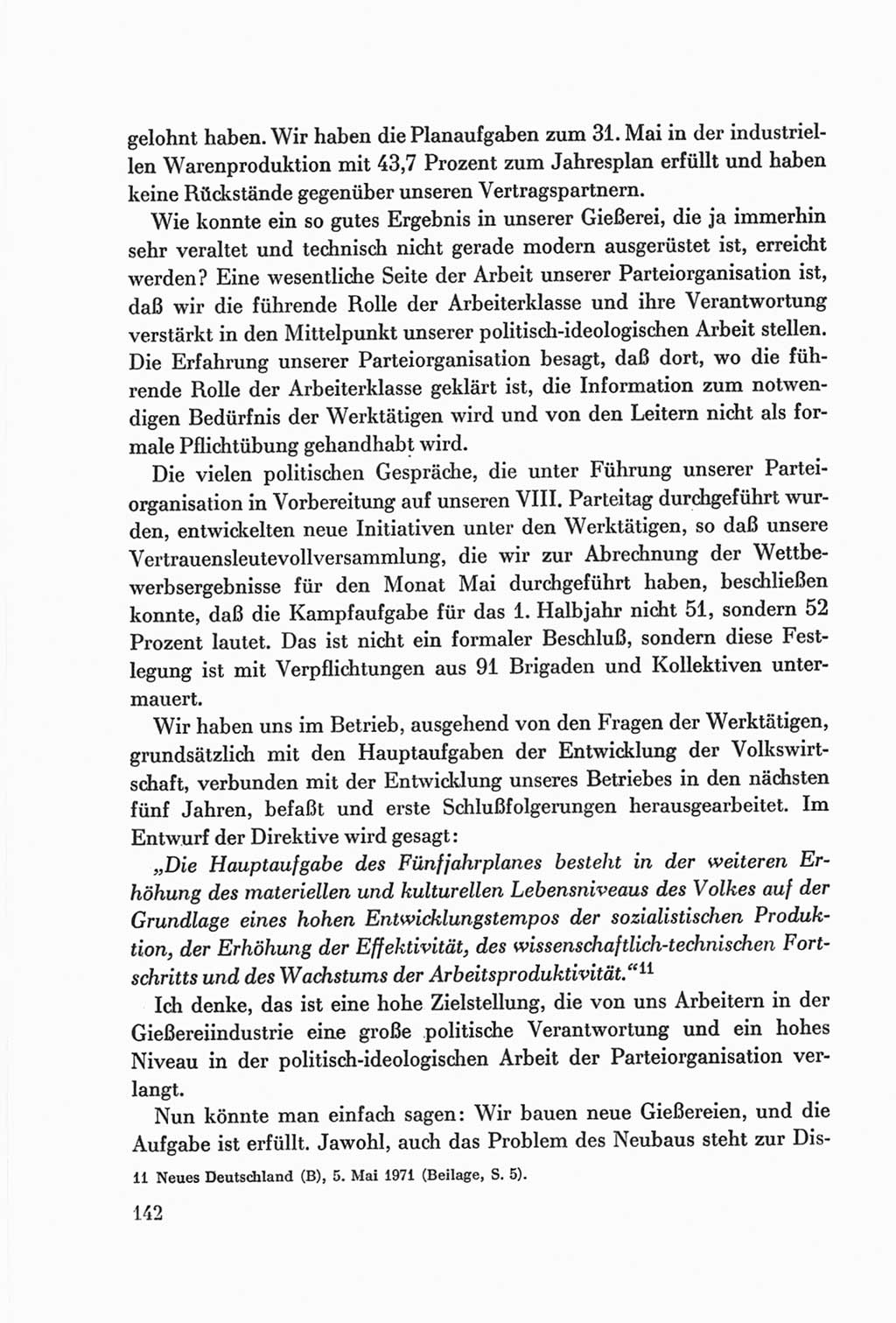 Protokoll der Verhandlungen des Ⅷ. Parteitages der Sozialistischen Einheitspartei Deutschlands (SED) [Deutsche Demokratische Republik (DDR)] 1971, Band 1, Seite 142 (Prot. Verh. Ⅷ. PT SED DDR 1971, Bd. 1, S. 142)