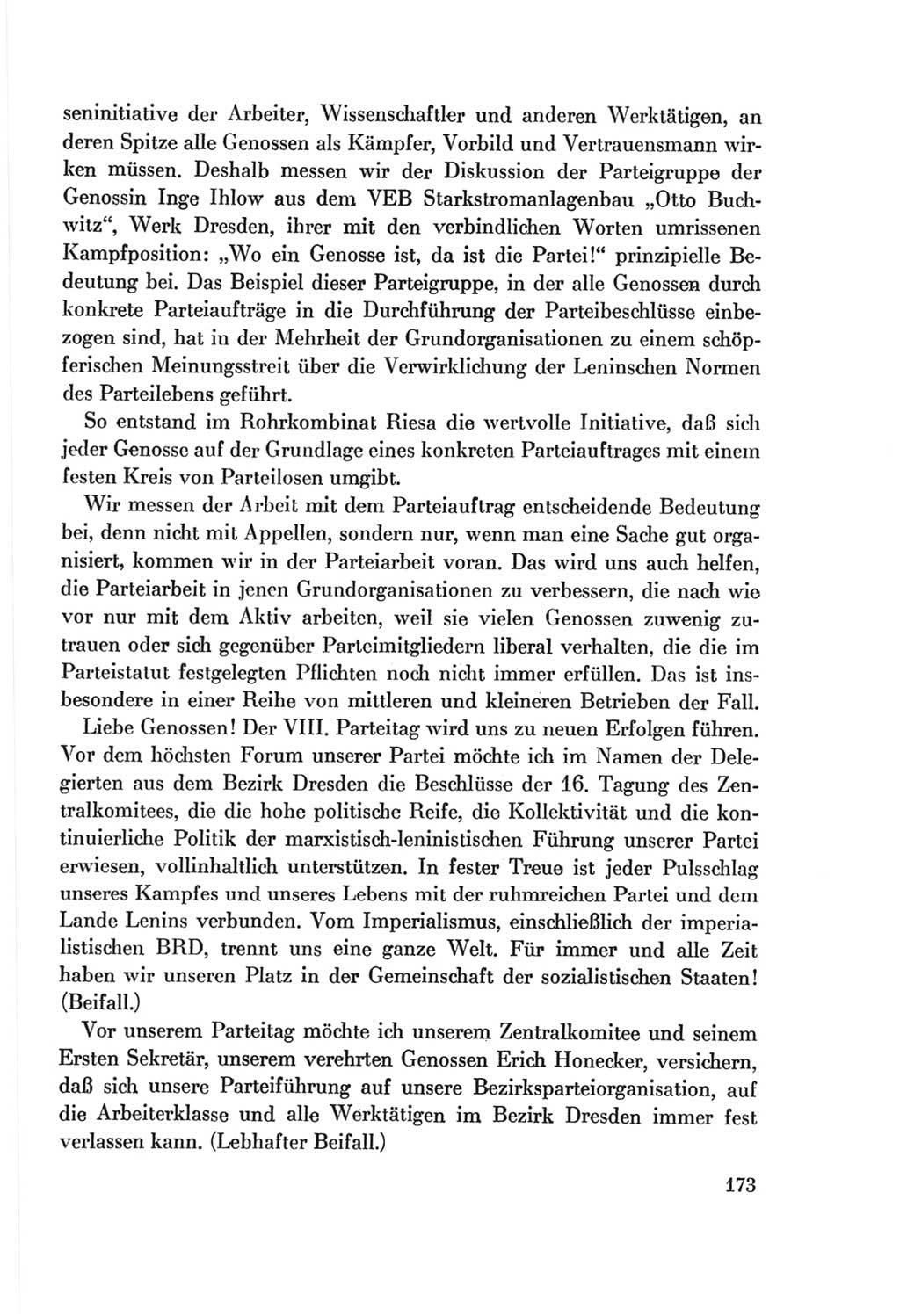 Protokoll der Verhandlungen des Ⅷ. Parteitages der Sozialistischen Einheitspartei Deutschlands (SED) [Deutsche Demokratische Republik (DDR)] 1971, Band 1, Seite 173 (Prot. Verh. Ⅷ. PT SED DDR 1971, Bd. 1, S. 173)