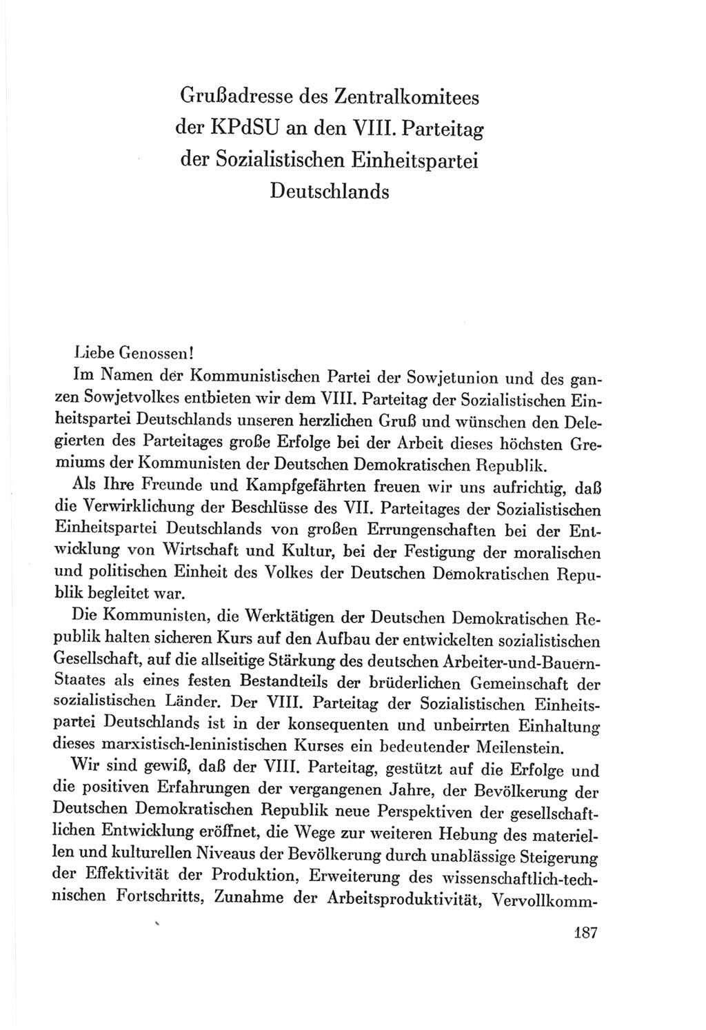 Protokoll der Verhandlungen des Ⅷ. Parteitages der Sozialistischen Einheitspartei Deutschlands (SED) [Deutsche Demokratische Republik (DDR)] 1971, Band 1, Seite 187 (Prot. Verh. Ⅷ. PT SED DDR 1971, Bd. 1, S. 187)