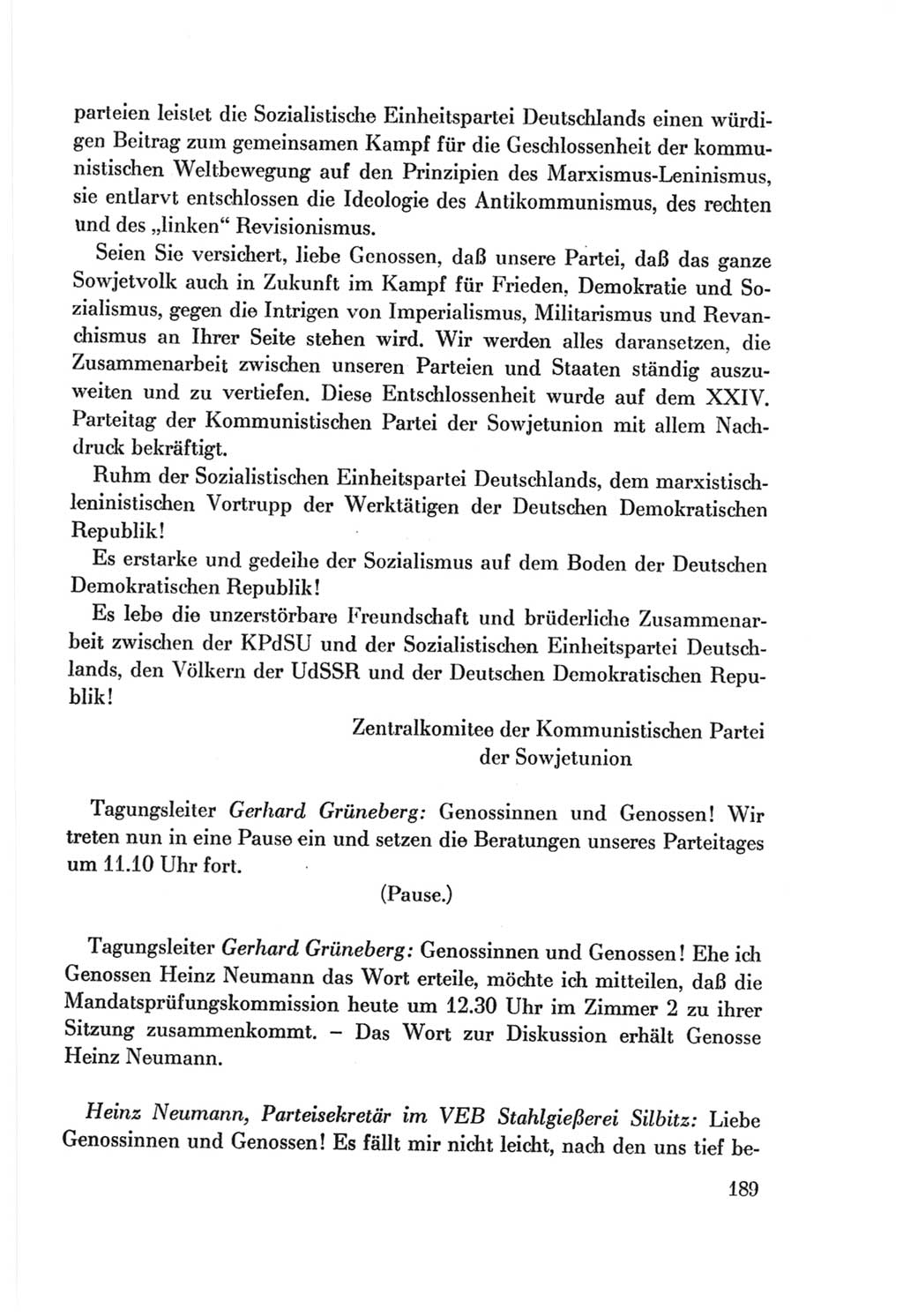 Protokoll der Verhandlungen des Ⅷ. Parteitages der Sozialistischen Einheitspartei Deutschlands (SED) [Deutsche Demokratische Republik (DDR)] 1971, Band 1, Seite 189 (Prot. Verh. Ⅷ. PT SED DDR 1971, Bd. 1, S. 189)