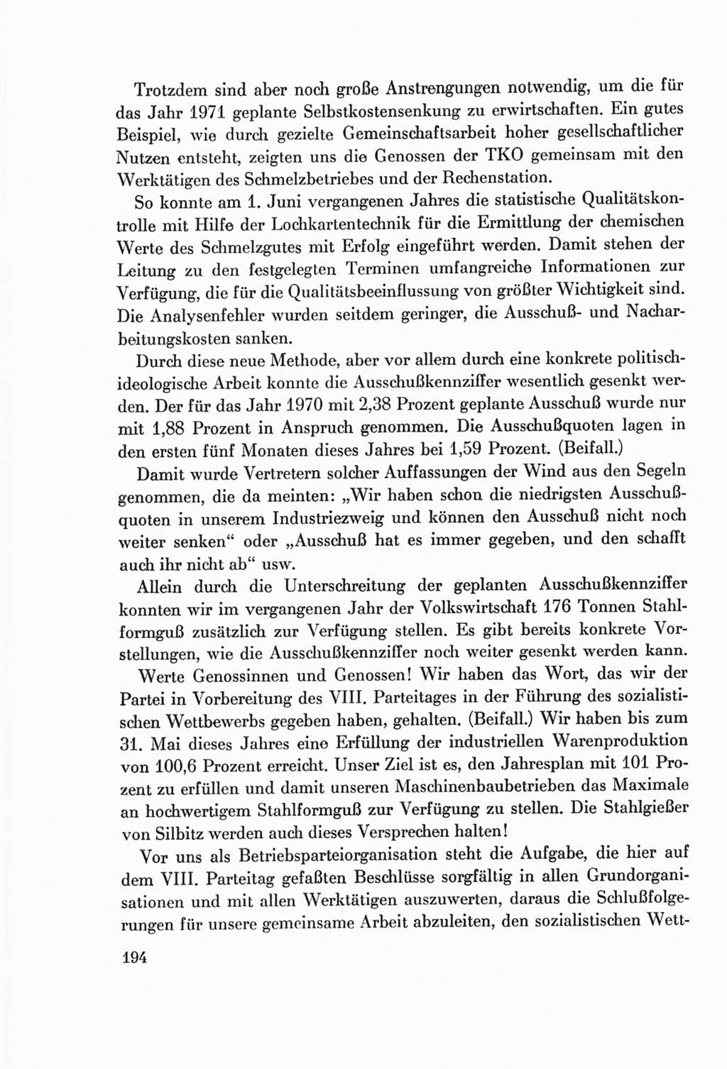 Protokoll der Verhandlungen des Ⅷ. Parteitages der Sozialistischen Einheitspartei Deutschlands (SED) [Deutsche Demokratische Republik (DDR)] 1971, Band 1, Seite 194 (Prot. Verh. Ⅷ. PT SED DDR 1971, Bd. 1, S. 194)
