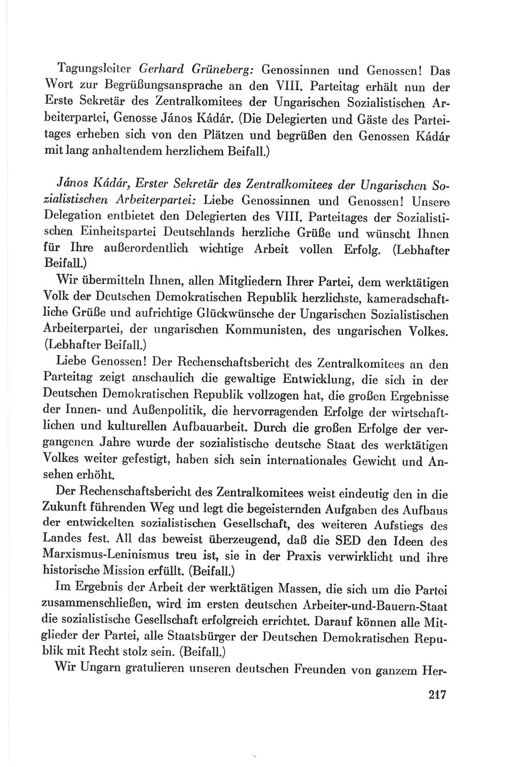 Protokoll der Verhandlungen des Ⅷ. Parteitages der Sozialistischen Einheitspartei Deutschlands (SED) [Deutsche Demokratische Republik (DDR)] 1971, Band 1, Seite 217 (Prot. Verh. Ⅷ. PT SED DDR 1971, Bd. 1, S. 217)