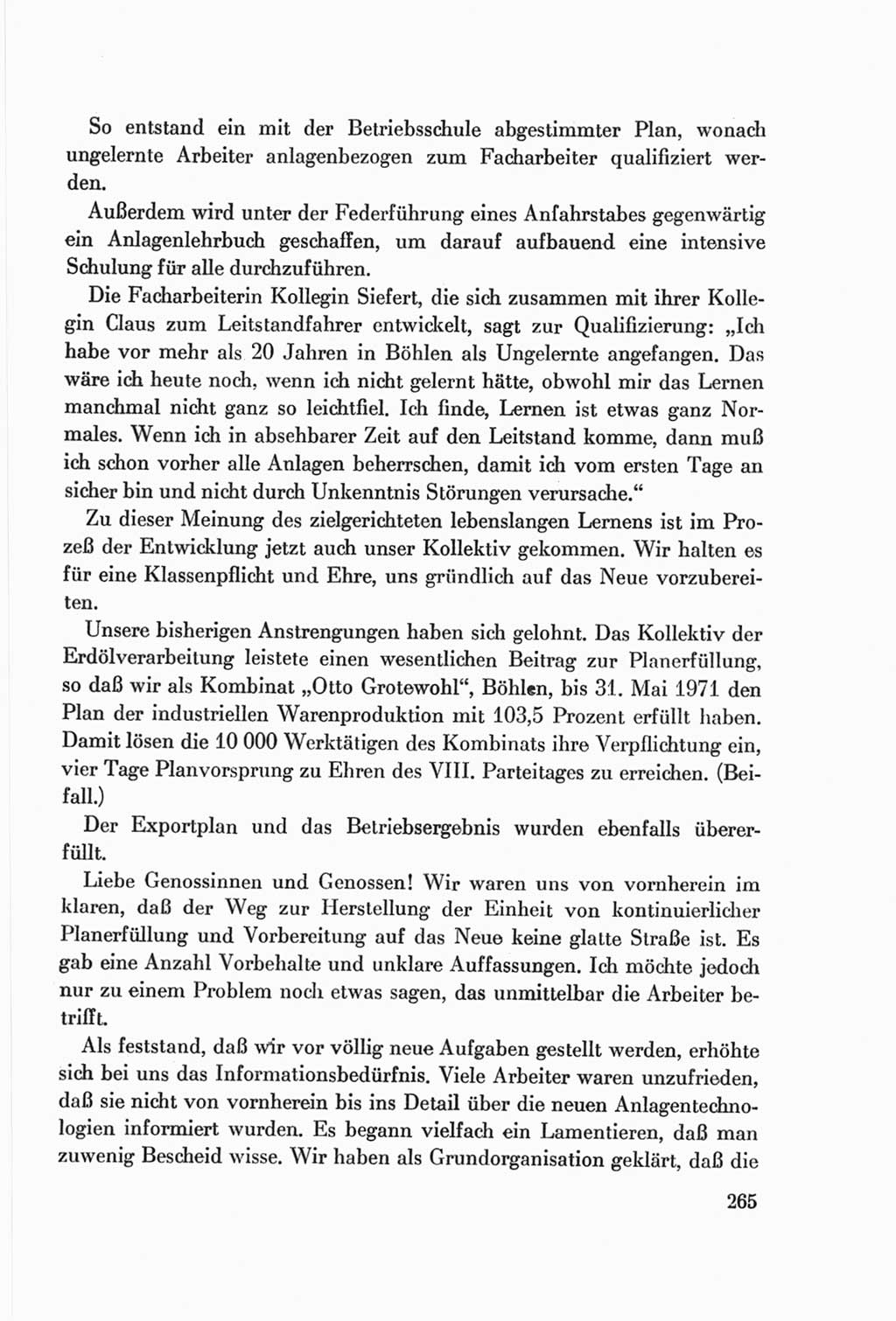 Protokoll der Verhandlungen des Ⅷ. Parteitages der Sozialistischen Einheitspartei Deutschlands (SED) [Deutsche Demokratische Republik (DDR)] 1971, Band 1, Seite 265 (Prot. Verh. Ⅷ. PT SED DDR 1971, Bd. 1, S. 265)