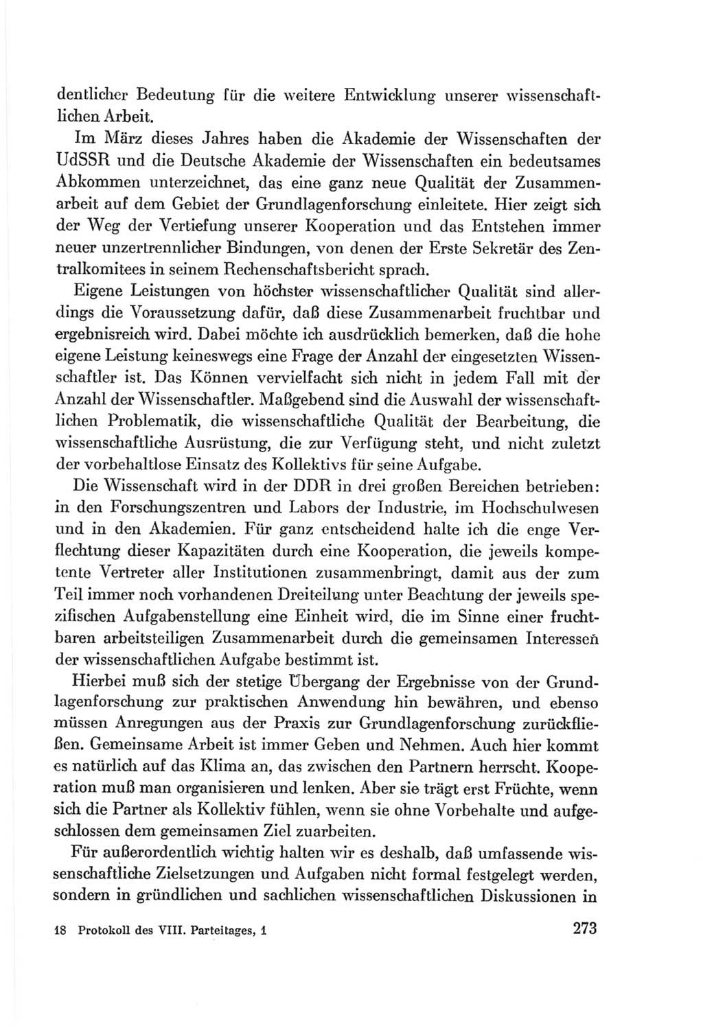 Protokoll der Verhandlungen des Ⅷ. Parteitages der Sozialistischen Einheitspartei Deutschlands (SED) [Deutsche Demokratische Republik (DDR)] 1971, Band 1, Seite 273 (Prot. Verh. Ⅷ. PT SED DDR 1971, Bd. 1, S. 273)