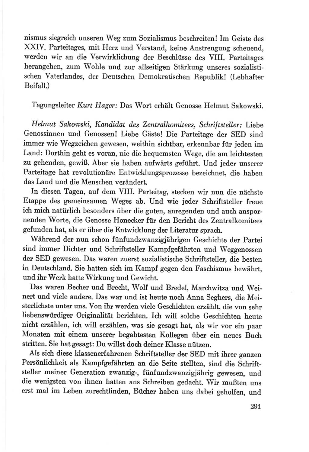 Protokoll der Verhandlungen des Ⅷ. Parteitages der Sozialistischen Einheitspartei Deutschlands (SED) [Deutsche Demokratische Republik (DDR)] 1971, Band 1, Seite 291 (Prot. Verh. Ⅷ. PT SED DDR 1971, Bd. 1, S. 291)