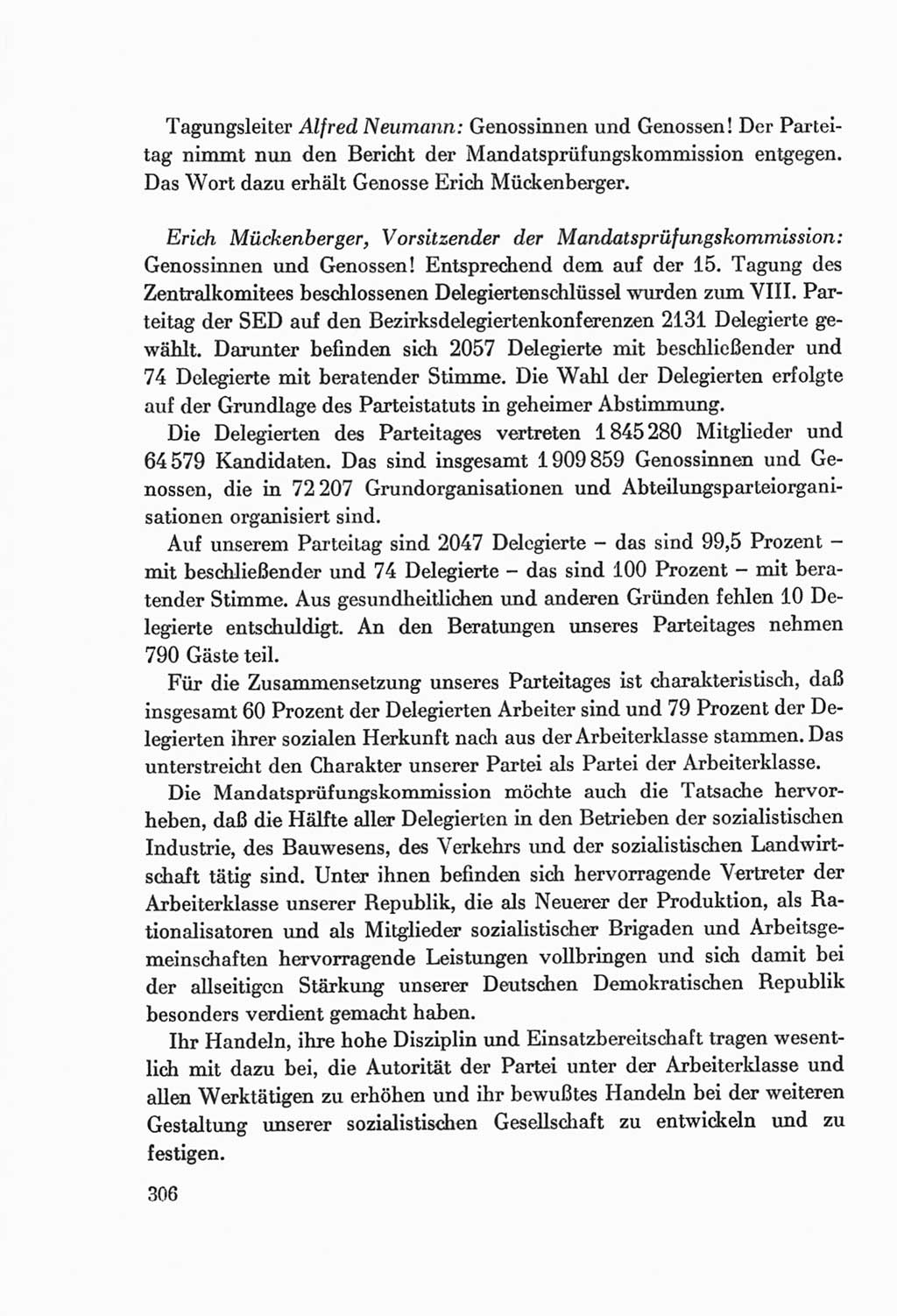 Protokoll der Verhandlungen des Ⅷ. Parteitages der Sozialistischen Einheitspartei Deutschlands (SED) [Deutsche Demokratische Republik (DDR)] 1971, Band 1, Seite 306 (Prot. Verh. Ⅷ. PT SED DDR 1971, Bd. 1, S. 306)