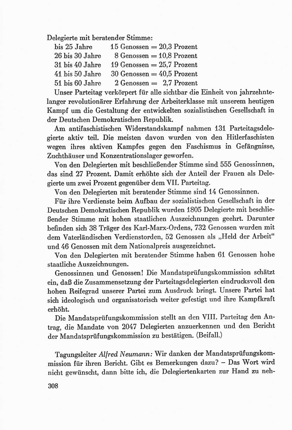 Protokoll der Verhandlungen des Ⅷ. Parteitages der Sozialistischen Einheitspartei Deutschlands (SED) [Deutsche Demokratische Republik (DDR)] 1971, Band 1, Seite 308 (Prot. Verh. Ⅷ. PT SED DDR 1971, Bd. 1, S. 308)